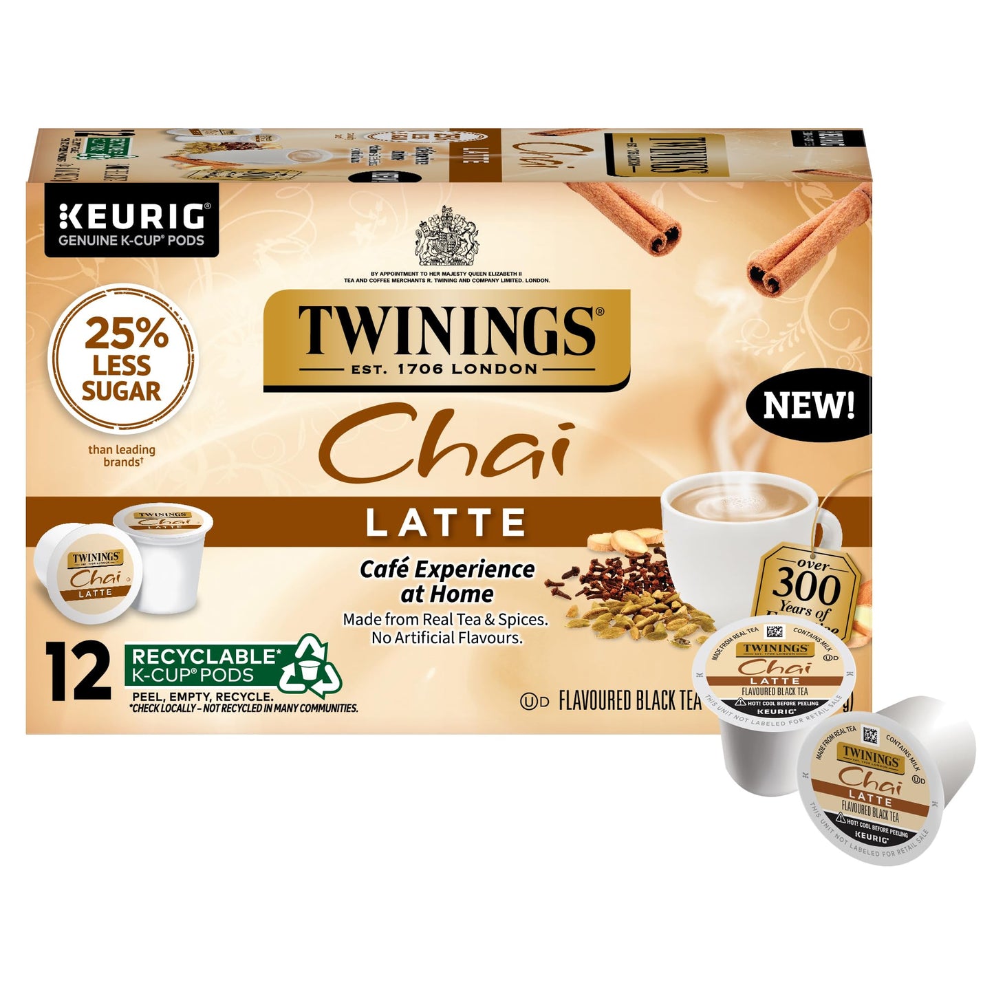 Twinings Chai Latte Black Tea K-Cup Pods For Keurig, 12 Count (Pack Of 6), Creamy, Slightly Sweet, Less Sugar, Caffeinated, Enjo