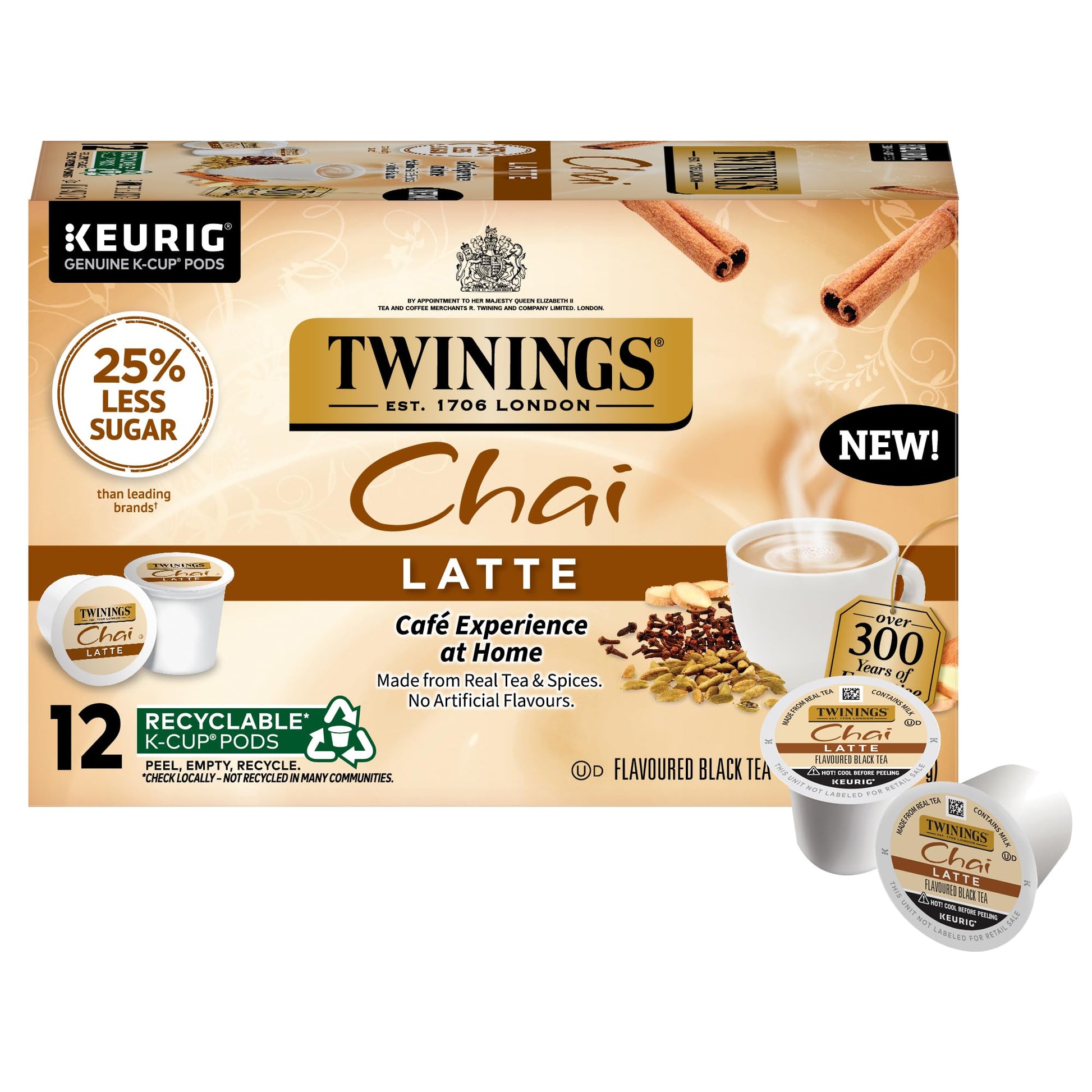 Twinings Chai Latte Black Tea K-Cup Pods For Keurig, 12 Count (Pack Of 6), Creamy, Slightly Sweet, Less Sugar, Caffeinated, Enjo