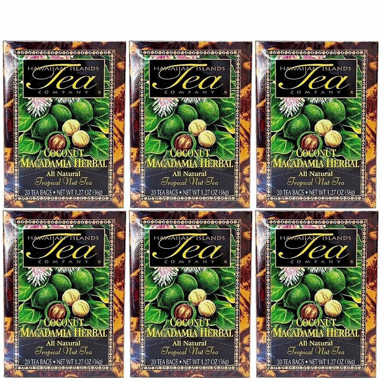 HAWAIIAN ISLANDS TEA COMPANY Coconut Macadamia Herbal Tea, All Natural - 120 Teabags (6 Boxes)