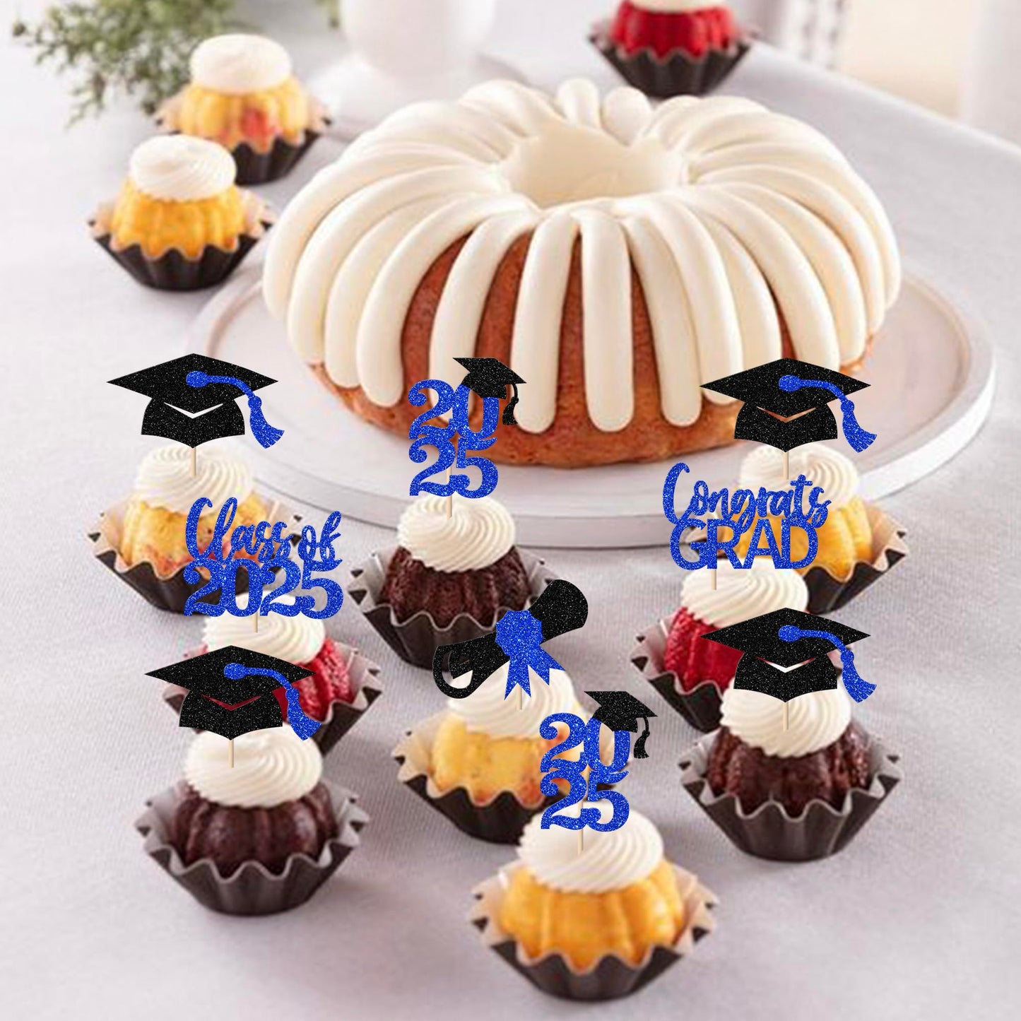 YCTHUNFISH 30 Pack Graduation Cupcake Toppers Glitter Class of 2025 Black Blue Bamboo