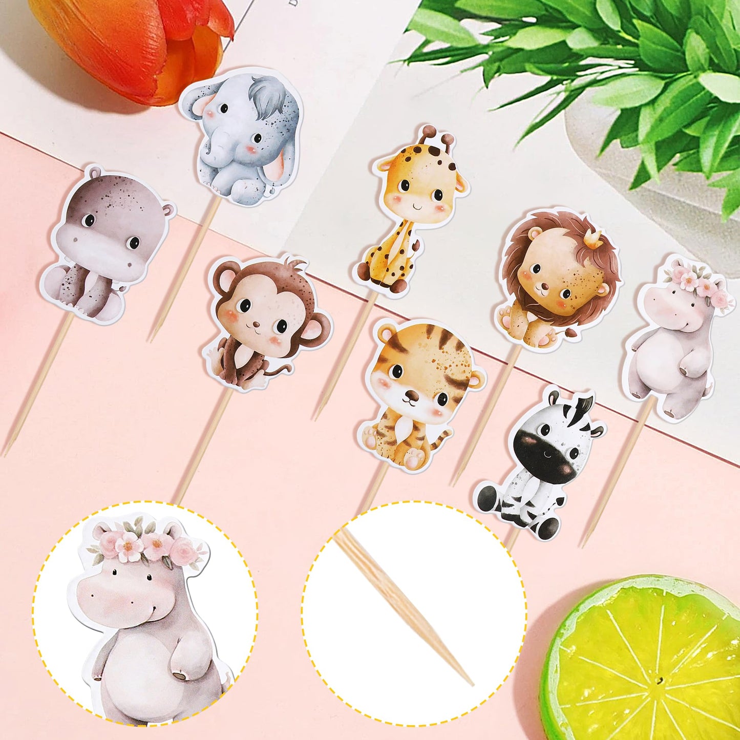 40 Pcs Jungle Animals Cupcake Toppers Elephant Giraffe Lion Hippo Monkey Tiger Zebra Safari Animals Cupcake Picks For Zoo Woodla