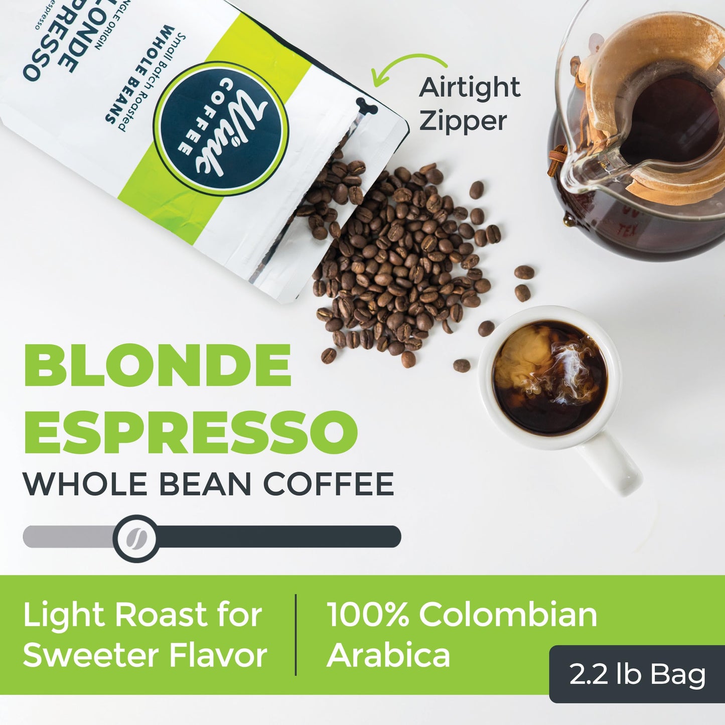 Wink Coffee Blonde Espresso  Whole Bean Coffee  100% Arabica  Large 2.2 Pound Bag  Colombian Single Origin  Smooth  Light  and Complex  Sustainably Sourced