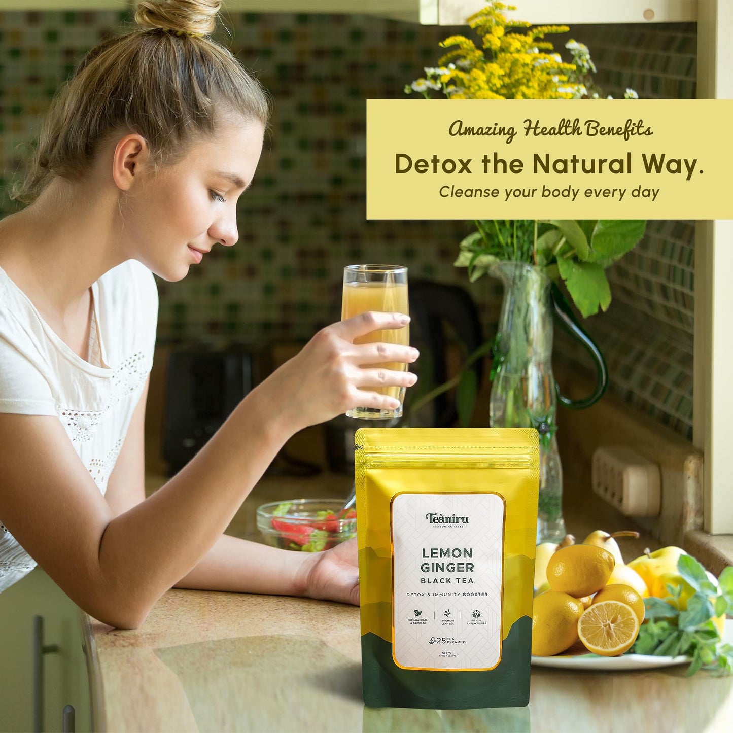 Teaniru Lemon Ginger Black Tea - 25 Pyramid Tea Bags (Serves Up to 50 Cups) - Whole Leaf Teas with Real Ingredients