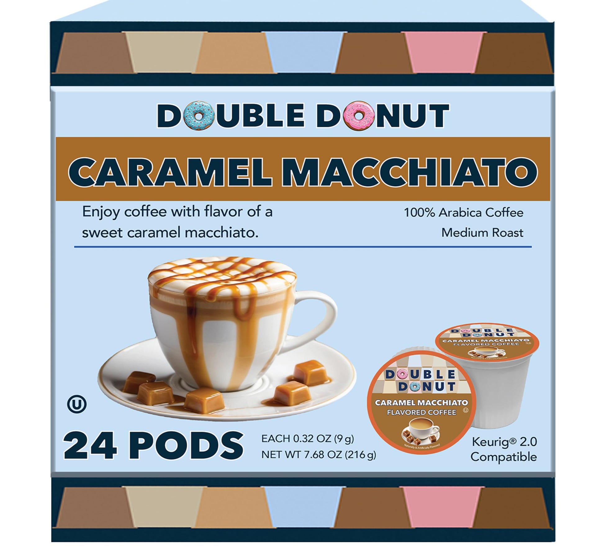 Double Donut Coffee Pods, Caramel Macchiato, Medium Roast, 24 Count, Recyclable for Keurig K Cups