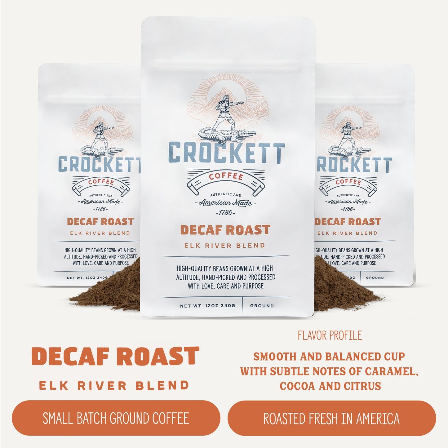 Crockett Decaf Ground Coffee – Bold Flavor, Smooth Body – 12 Ounce Pack