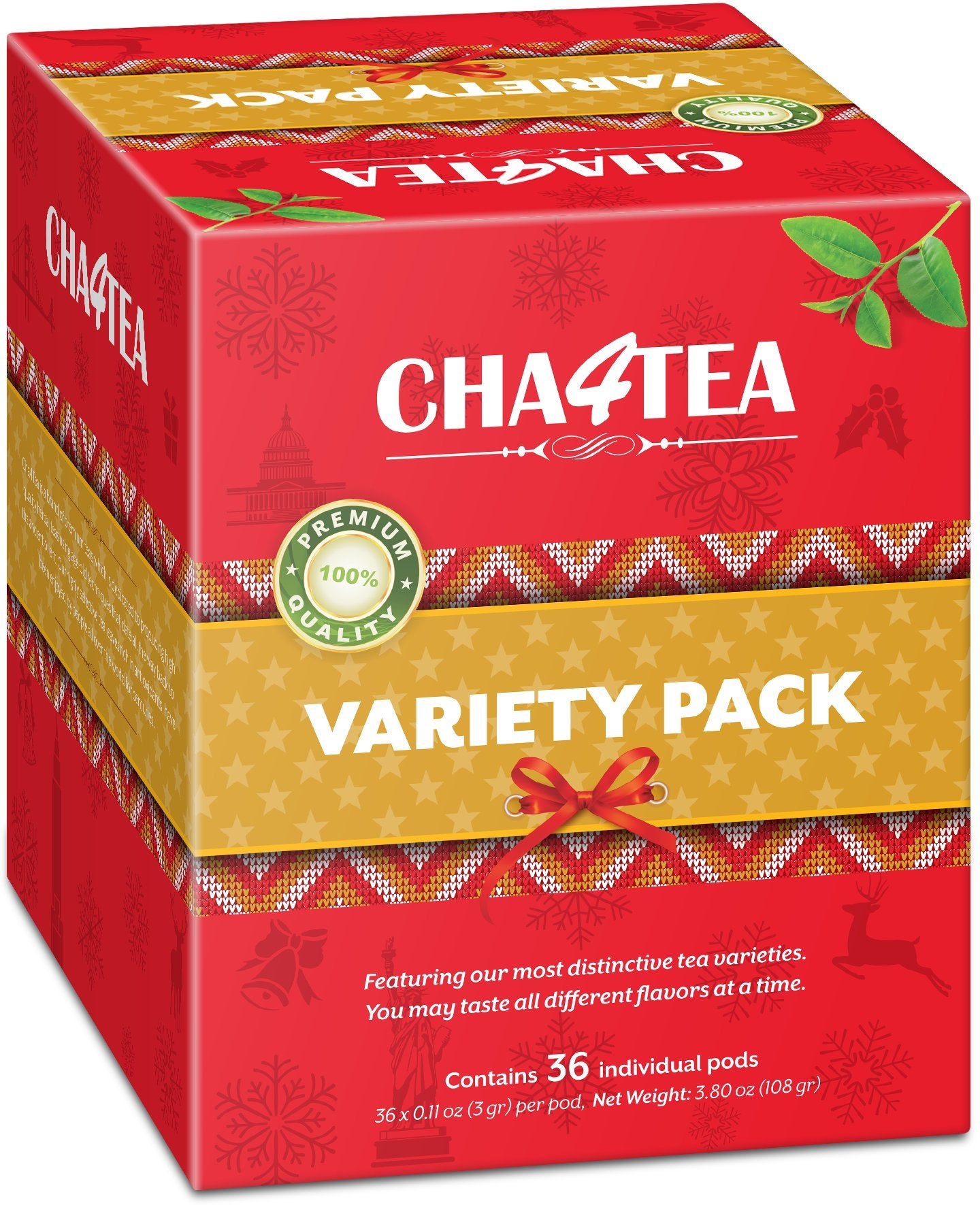 Cha4TEA Variety Pack Tea for Keurig K-Cup malt-inspired, 36-Count, 6 Flavors: Green, Black, Jasmine, Earl Grey, English Breakfast, Oolong