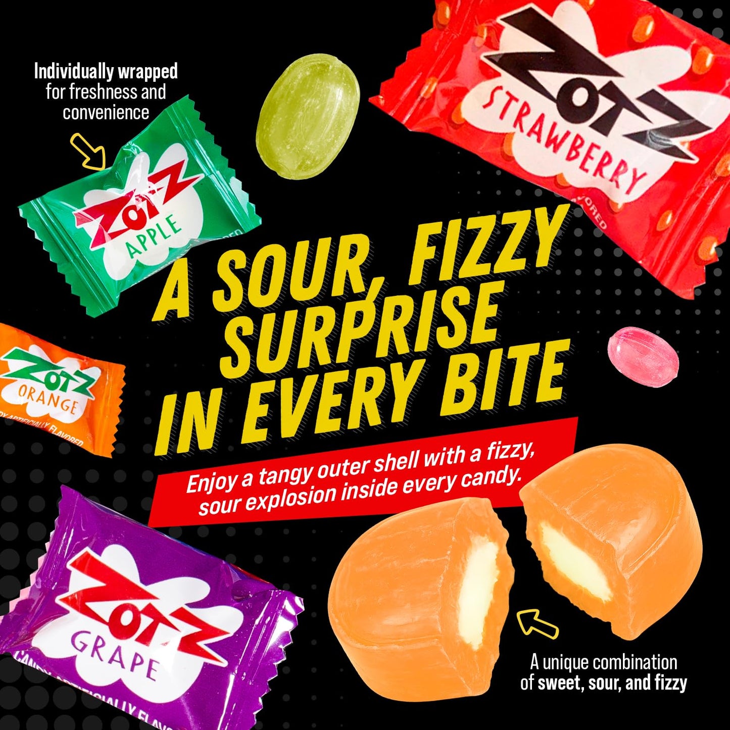 Zotz Fizzy Bulk Candy (Assorted, 425 Units)- Hard Candy Individually Wrapped- Assorted Fruit Flavors, Cherry, Watermelon, Strawb