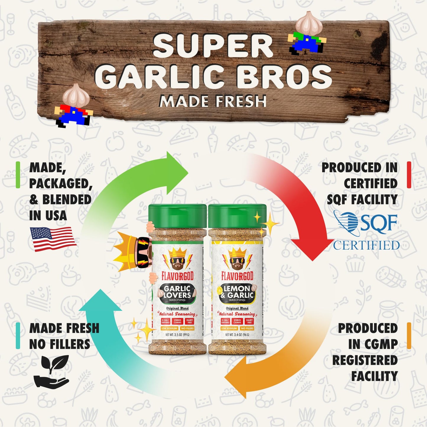 Flavor God Classic Combo Pack Of 2 Super Garlic Bros Edition Garlic Lovers, Lemon, Herb, Seasoning Gift Set, Natural Healthy Spi