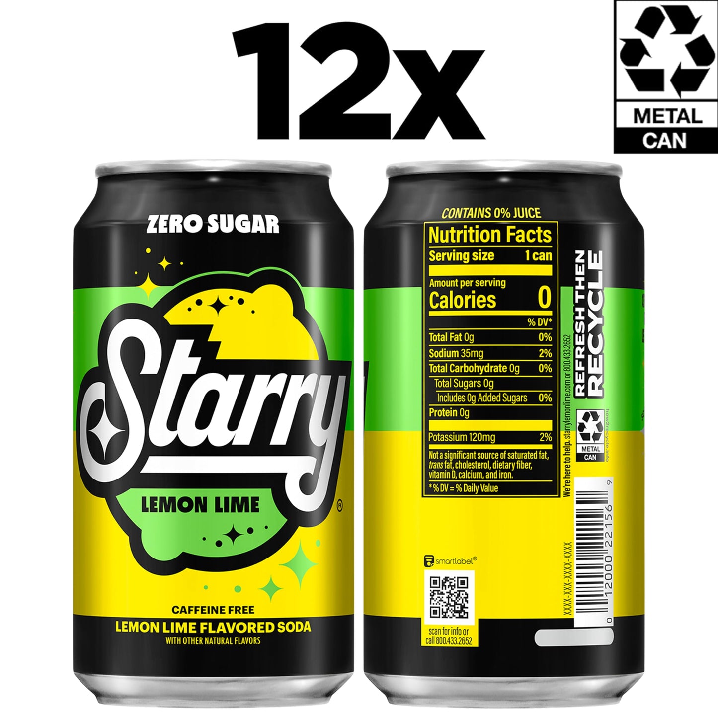 Starry Zero Sugar Lemon Lime Soda  12 Fl Oz Cans (Pack of 12)