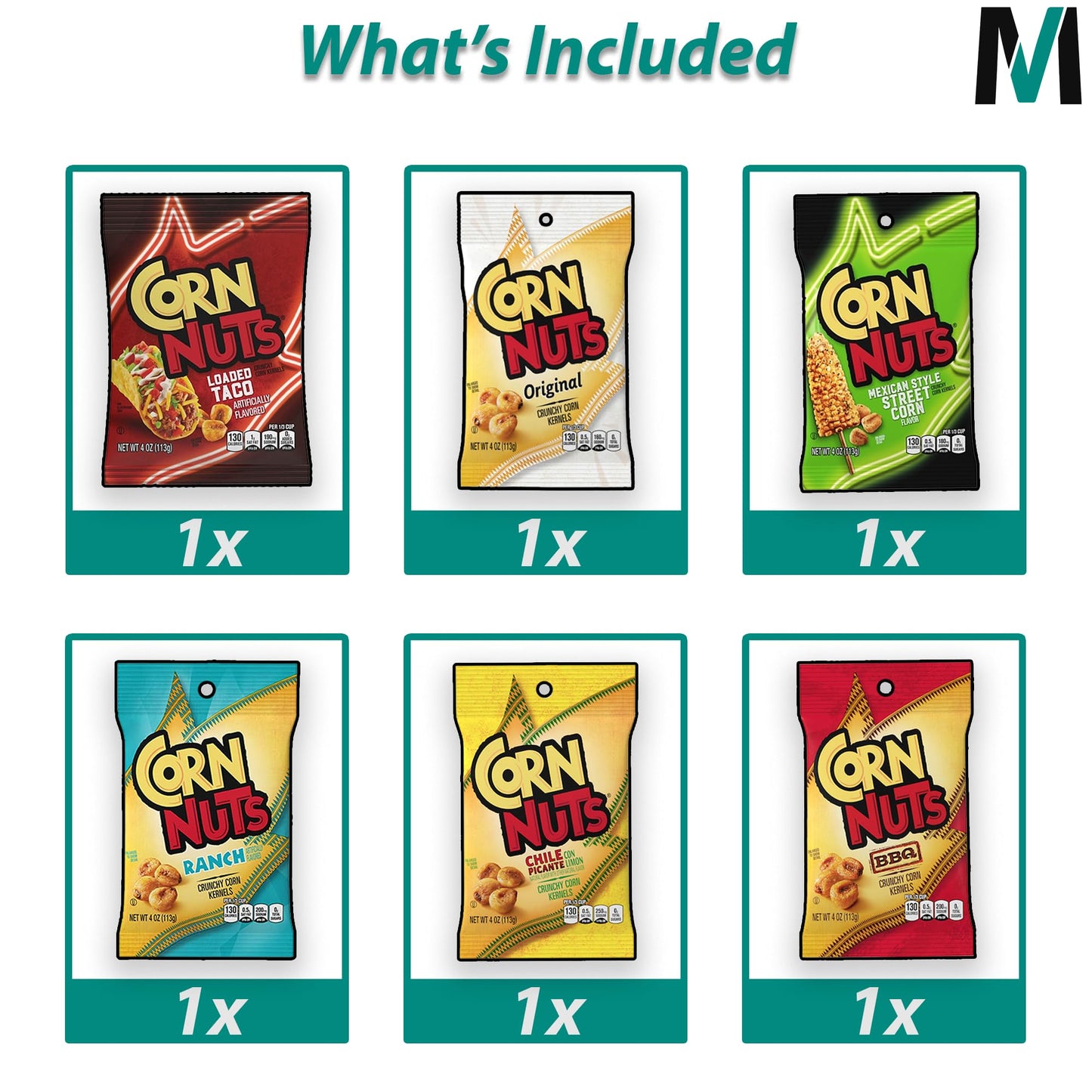 Corn Nuts Variety Pack | 4 oz Bags (Pack of 6) | Loaded Taco, Chile Picante, Ranch, Original, Mexican Street Corn, and BBQ | Bul