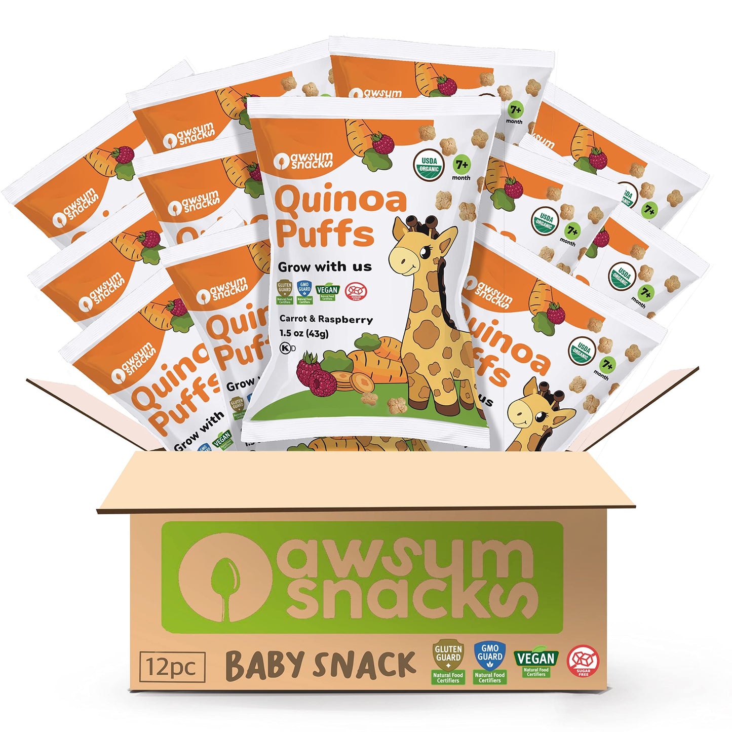 Awsum Snacks | Baby Puffs | Healthy Kids Snacks - 12 Bags - Usda Organic | Kosher | Non Gmo | Gluten Free |No Sugar (Carrot & Ra