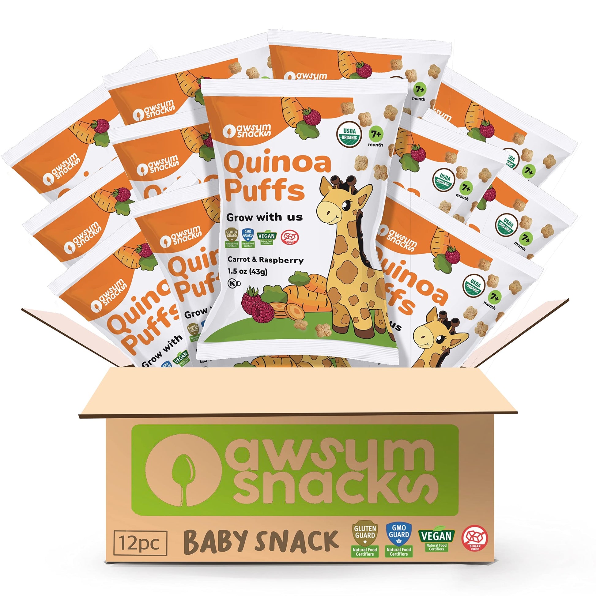 Awsum Snacks | Baby Puffs | Healthy Kids Snacks - 12 Bags - Usda Organic | Kosher | Non Gmo | Gluten Free |No Sugar (Carrot & Ra
