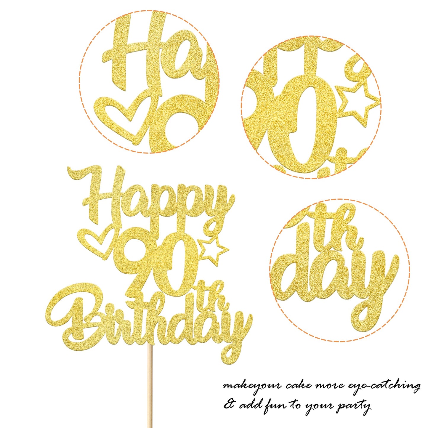 YCTHUNFISH 90th Birthday Cake Topper Glitter Heart Star Gold Bamboo Decorations