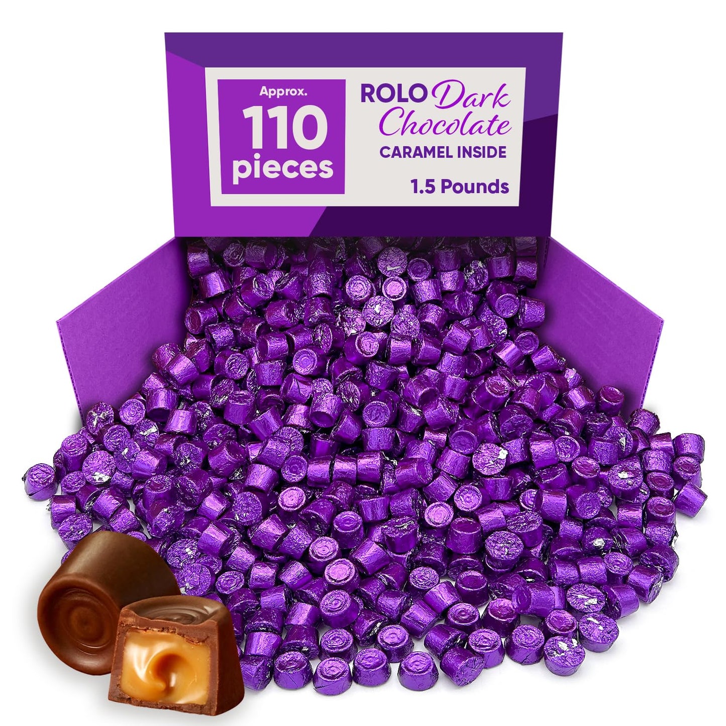Rolo Dark Chocolate Candy with Caramel Inside - 1.5 Pound Approx 110 Pieces- Individually Wrapped Dark Chocolate for Halloween Candy  Bulk Chocolate Candy  Purple Candy for Party - Perfect Fall Candy Treat