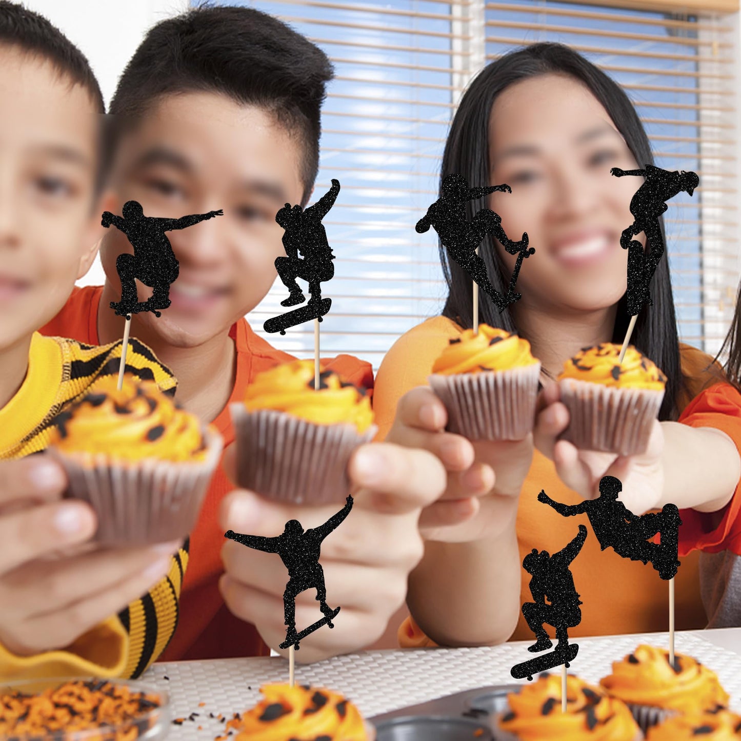 24 Pcs Skateboard Cupcake Toppers Black Glitter Skateboarding Cupcake Picks Sport Skating Theme Bachelorette Birthday Party Cake