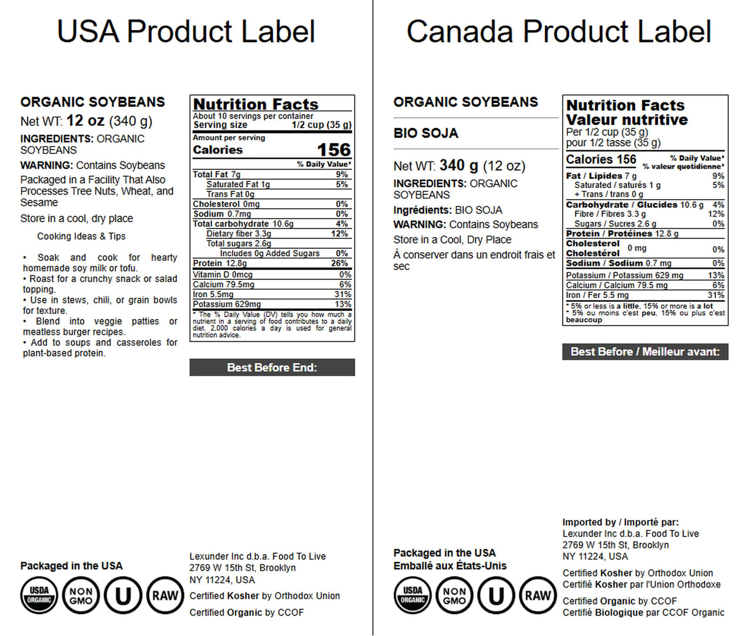 Food to Live Organic Soybeans - High-Protein Dry Soy Beans, Vegan, Kosher, Non-GMO, 12 Ounces