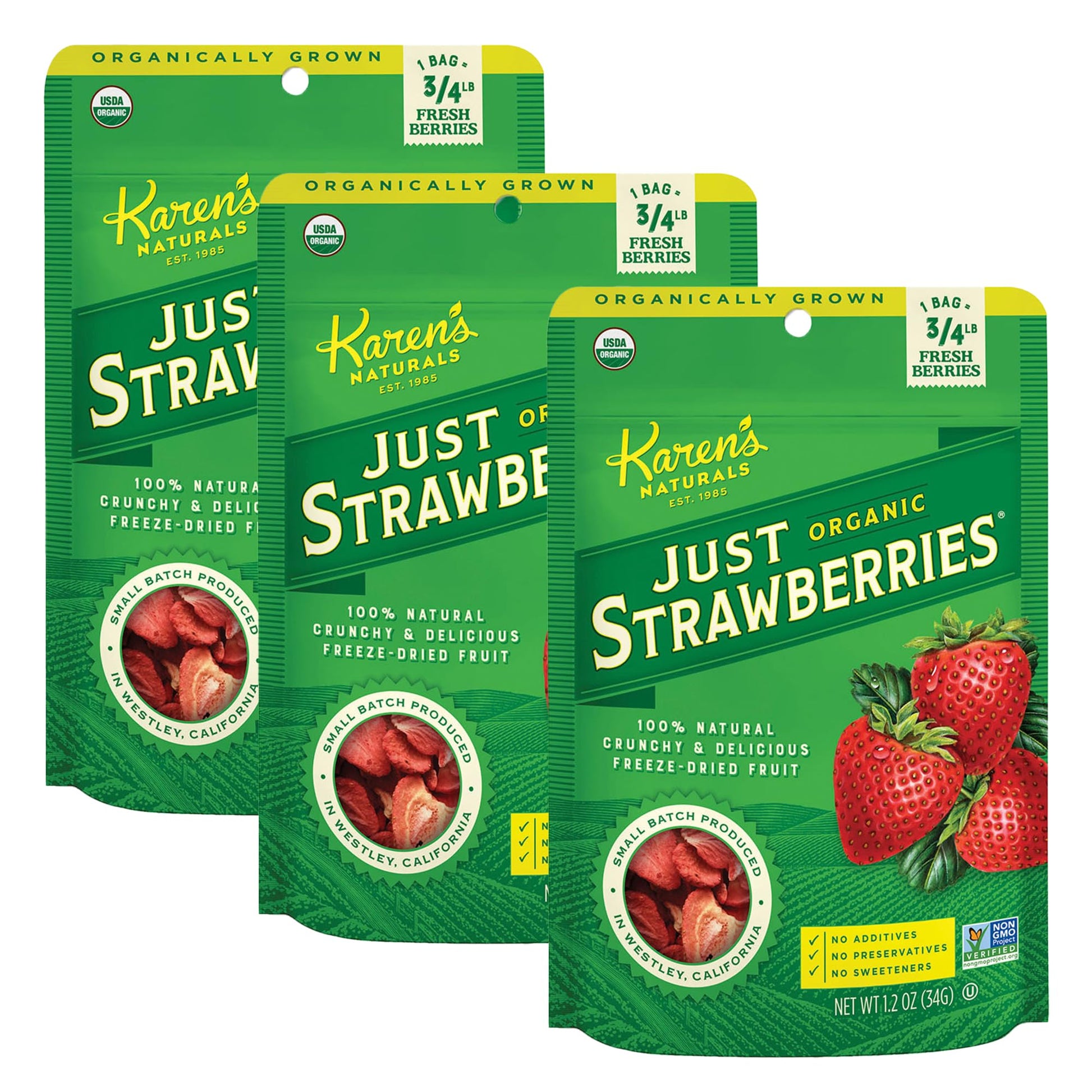 Karen's Naturals Organic Freeze-Dried Strawberries, 1.2oz, Pack of 3 - Crunchy, Flavor Packed Freeze Dried Fruit Snack, Organic 