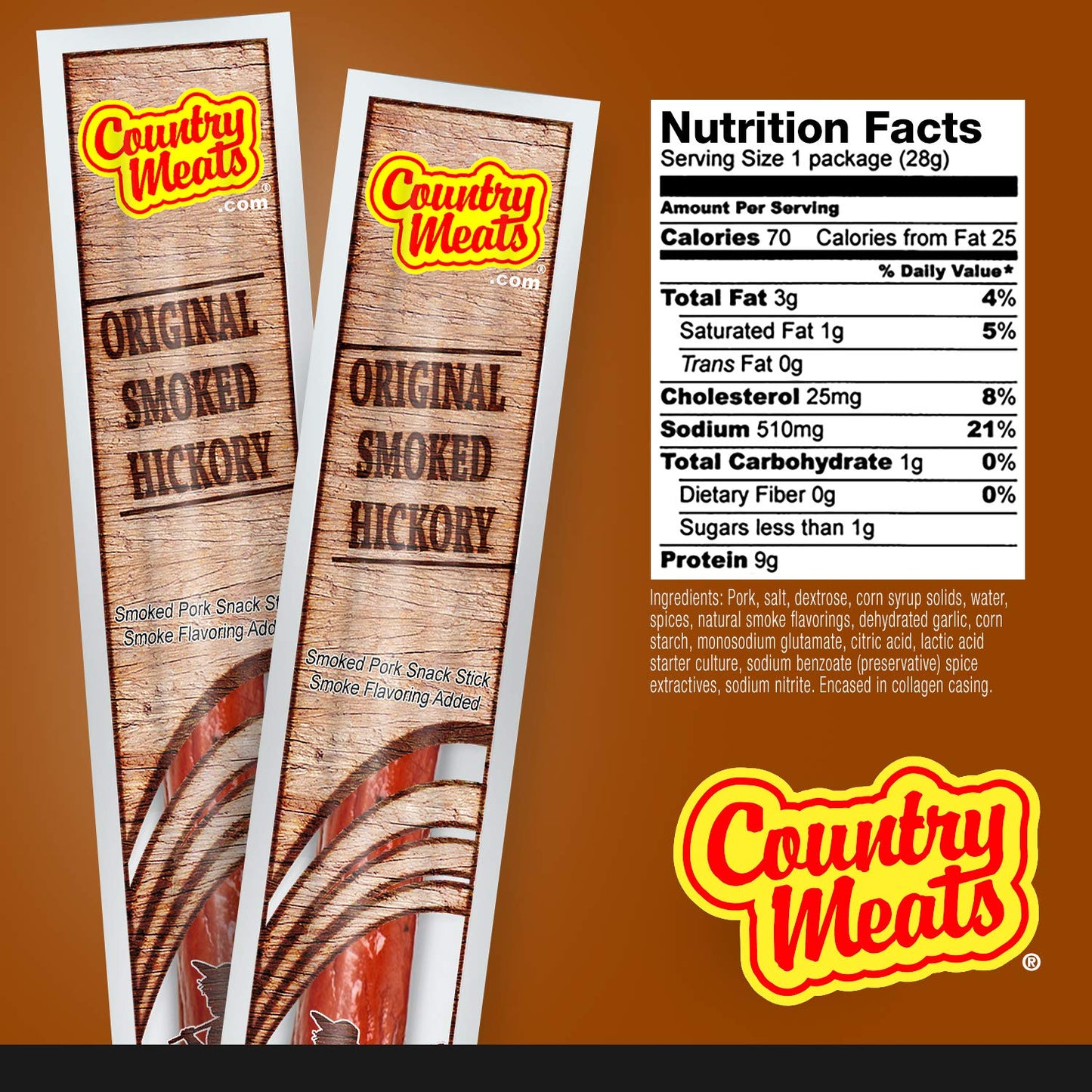 Country Meats Meat Sticks, 0 Trans Fat, Good Source of Protein, Original Smoked Hickory, 1 Ounce (Pack of 10)