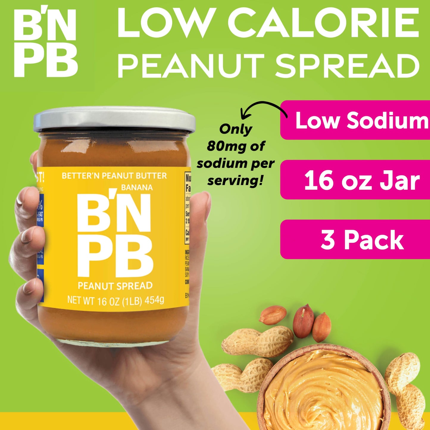 Better’n Peanut Butter Low Fat Banana Peanut Butter Spread, Creamy, Gluten Free, Dairy Free, Non GMO, 3 Pack of 16 oz Glass Jars