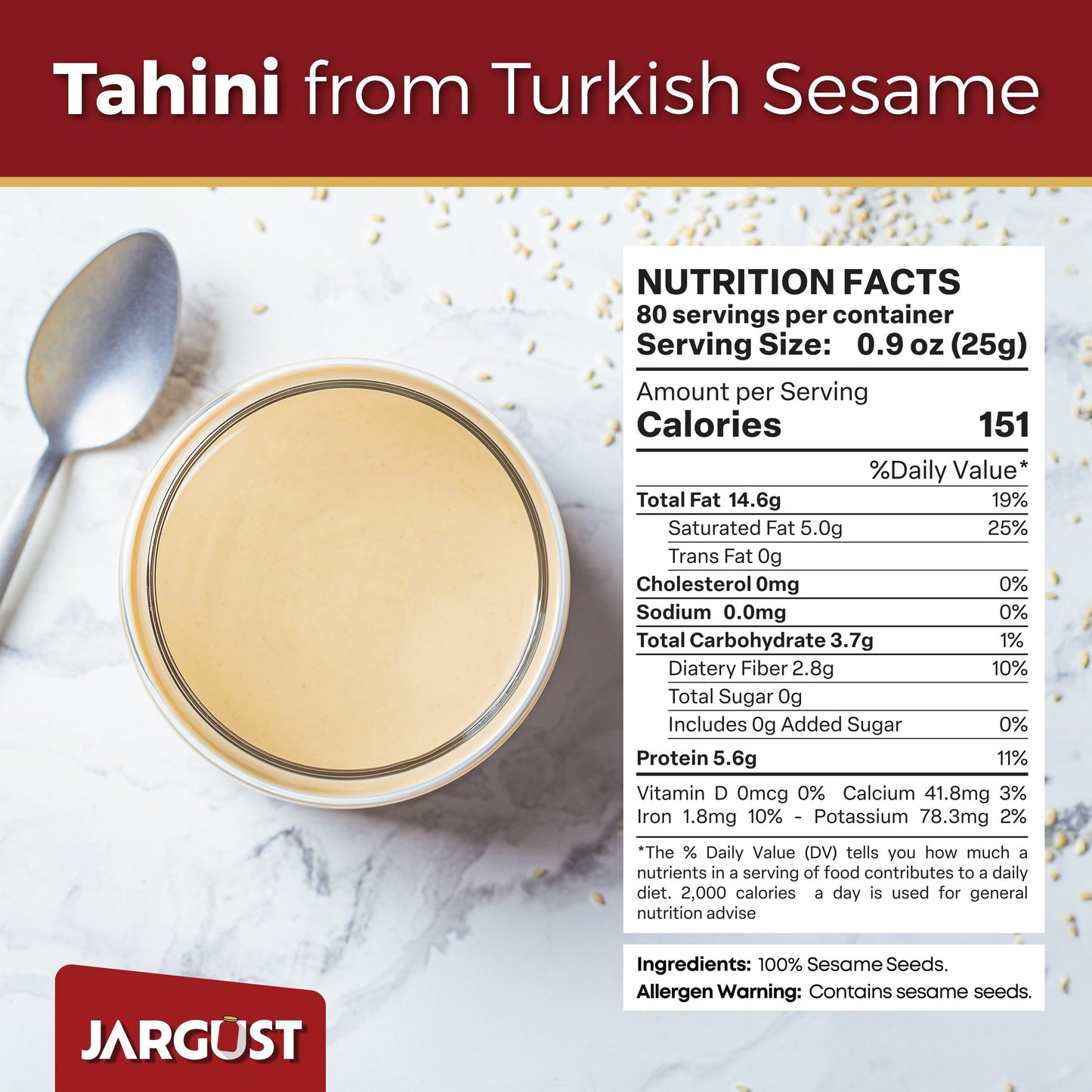 Jargust Bulk Tahini Paste, Vegan, 4.4lb, Yellowish, Perfect for Hummus and Dressings