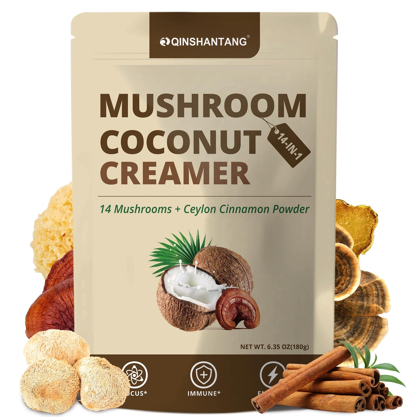 Mushroom Coconut Creamer  Natural Creamer For Coffee  14 Mushrooms Extract |LionS Mane  Turkey Tail  Reishi  Maitake  Chaga And Ceylon Cinnamon | Boosts Focus  Immunity And Energy | 6.35Oz