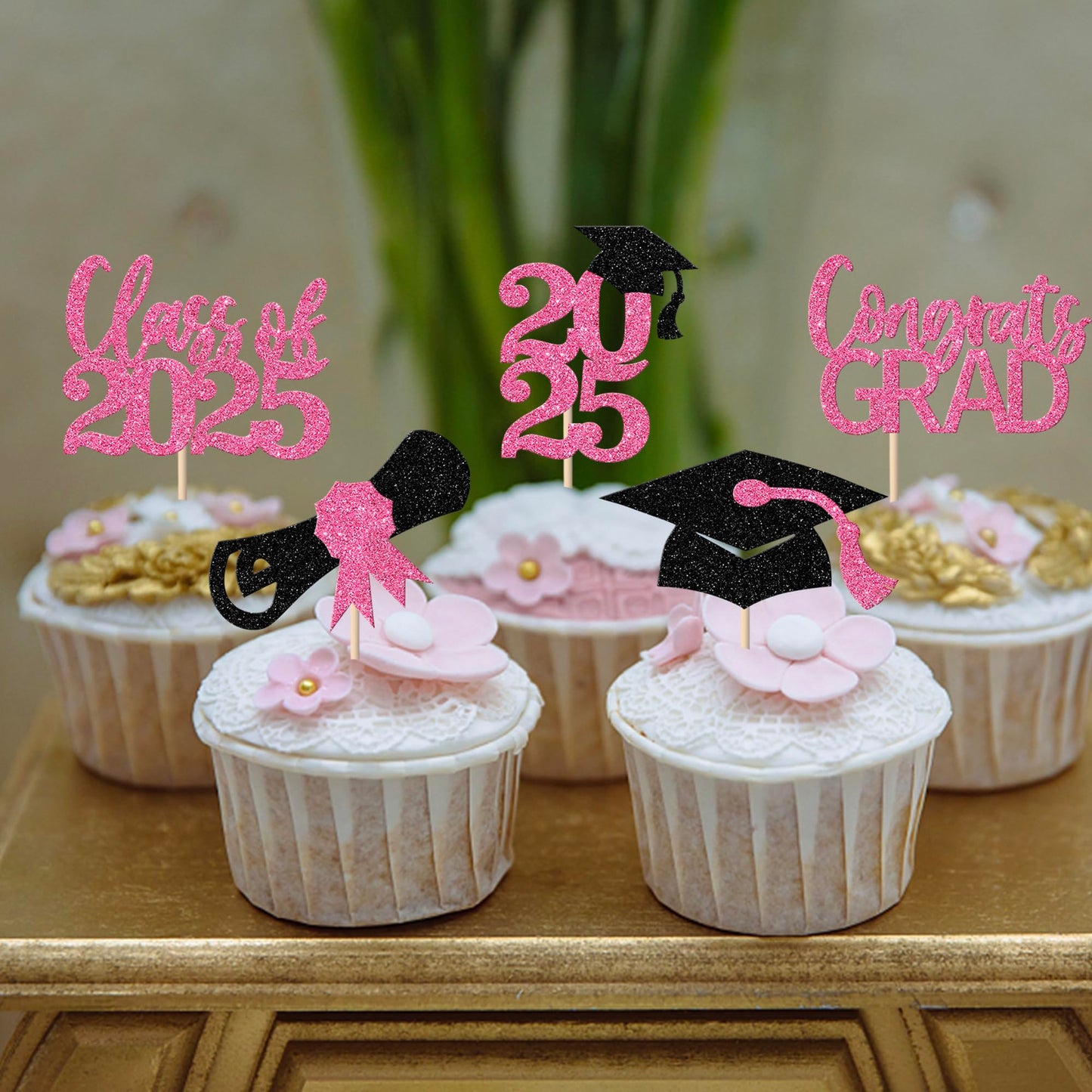YCTHUNFISH Graduation Cupcake Toppers, 30 Pack, Pink, Glitter Congrats Grad Cap & Diploma Decorations for Class of 2025 Party Supplies