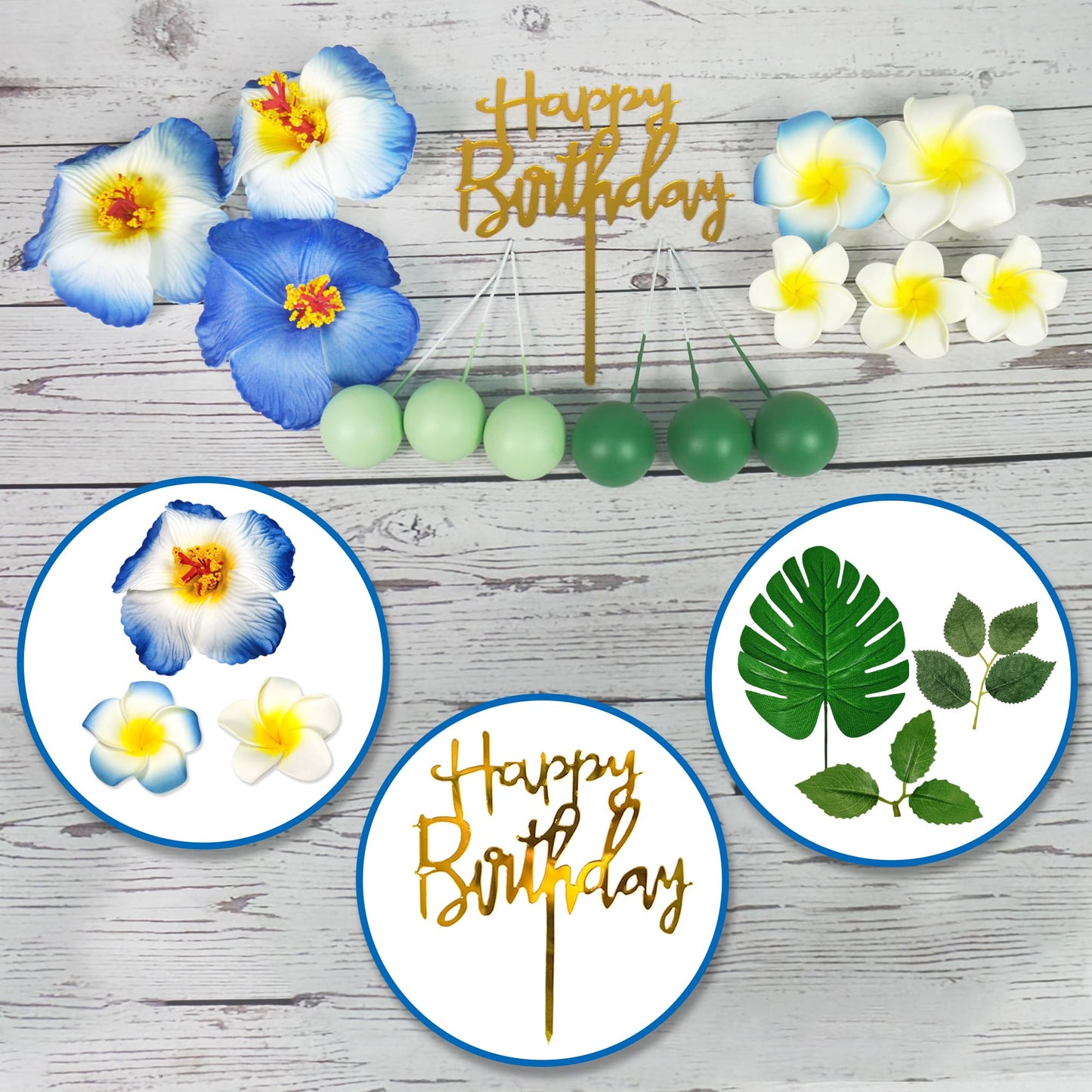 23 Pcs Flower Cake Topper Hawaiian Cake Decorations With Palm Leaves Hibiscus Flowers Balls For Hawaii Aloha Jungle Summer Theme