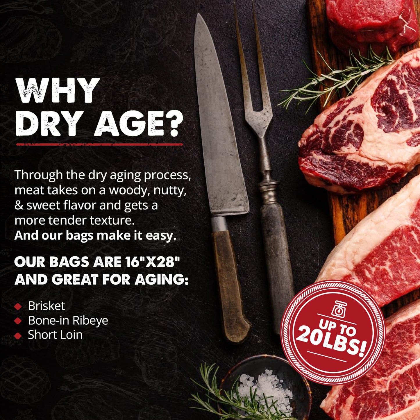 UMAi Dry Aging Bag for Steaks, 3 Count, Clear, No Vacuum Sealer Needed, Ages Meat in 28-45 Days, Fits 14-20 lbs
