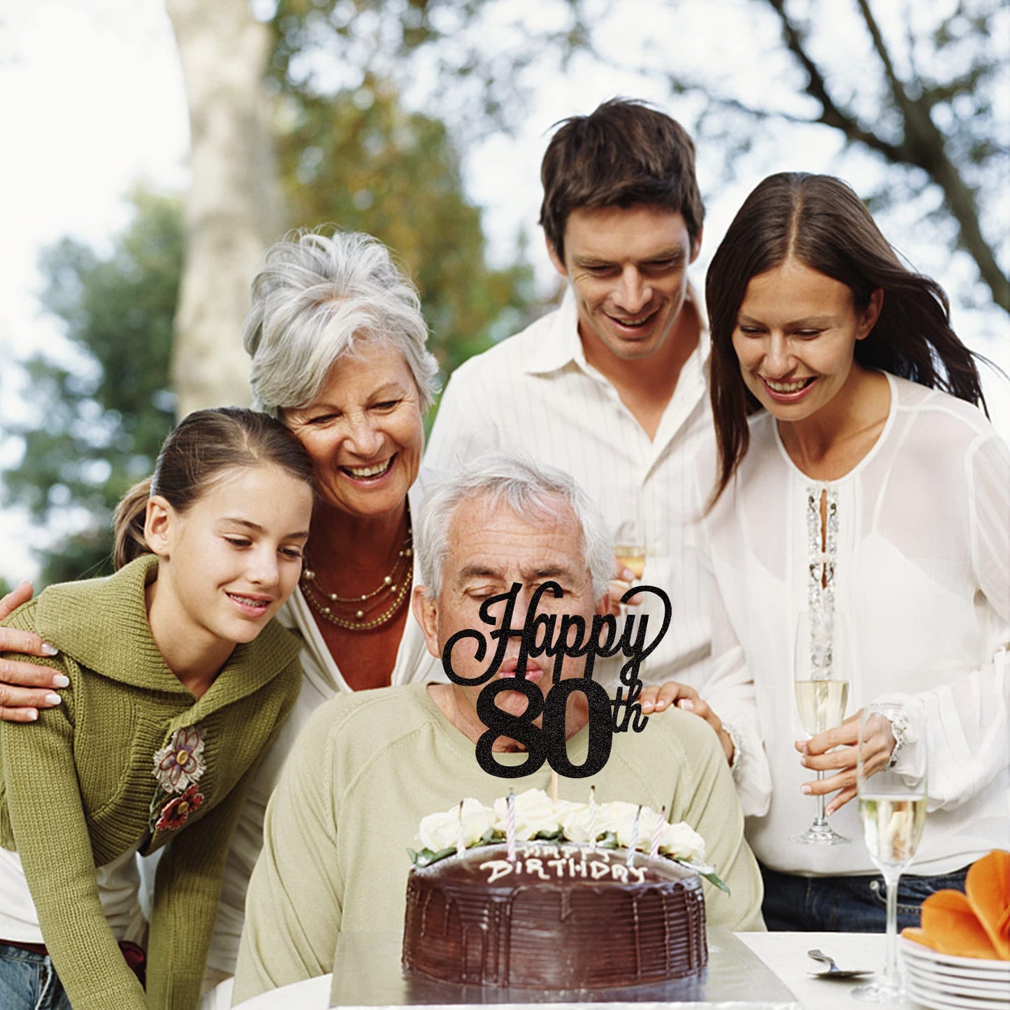 YCTHUNFISH 80th Birthday Cake Topper Black Glitter Bamboo Decoration for Cheers to 80 Years Old Party Supplies
