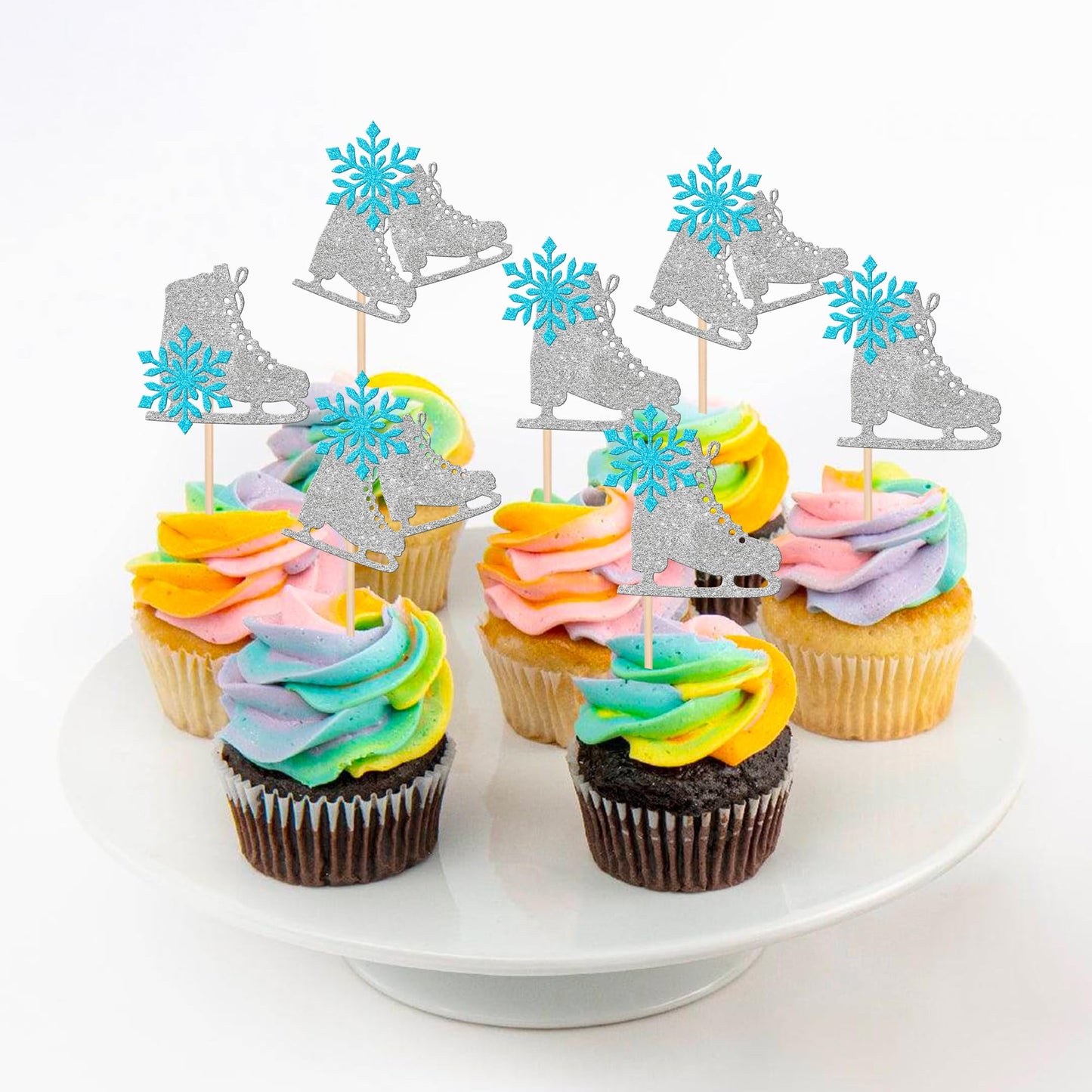 24 Pcs Ice Skating Cupcake Toppers Glitter Ice Sports Snowflake Cupcake Picks For Skating Theme Baby Shower Kids Birthday Party