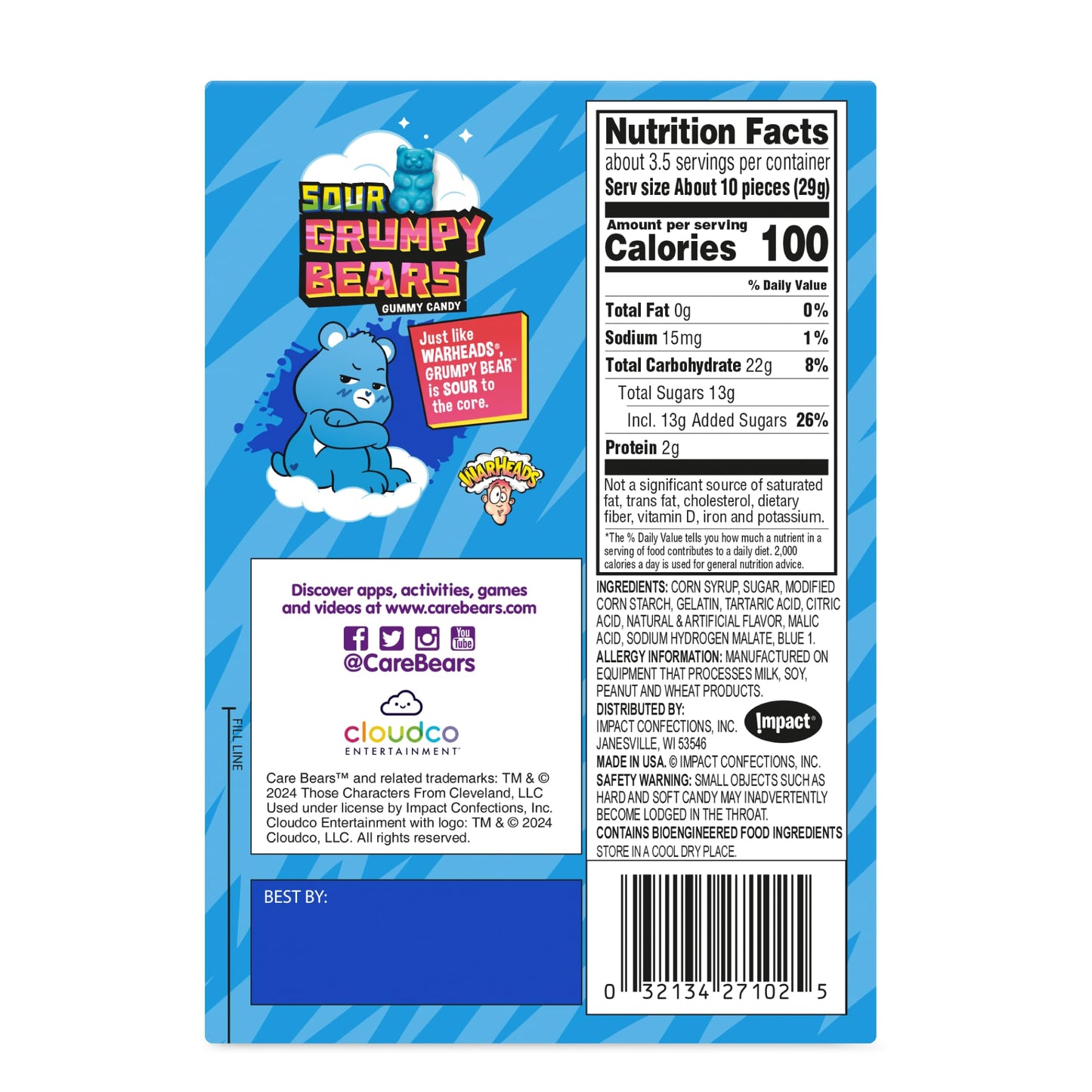 Warheads Care Bears - Sour Grumpy Bears - Blue Raspberry Flavor - 3.5 oz. Theater Boxes - 2 Pack