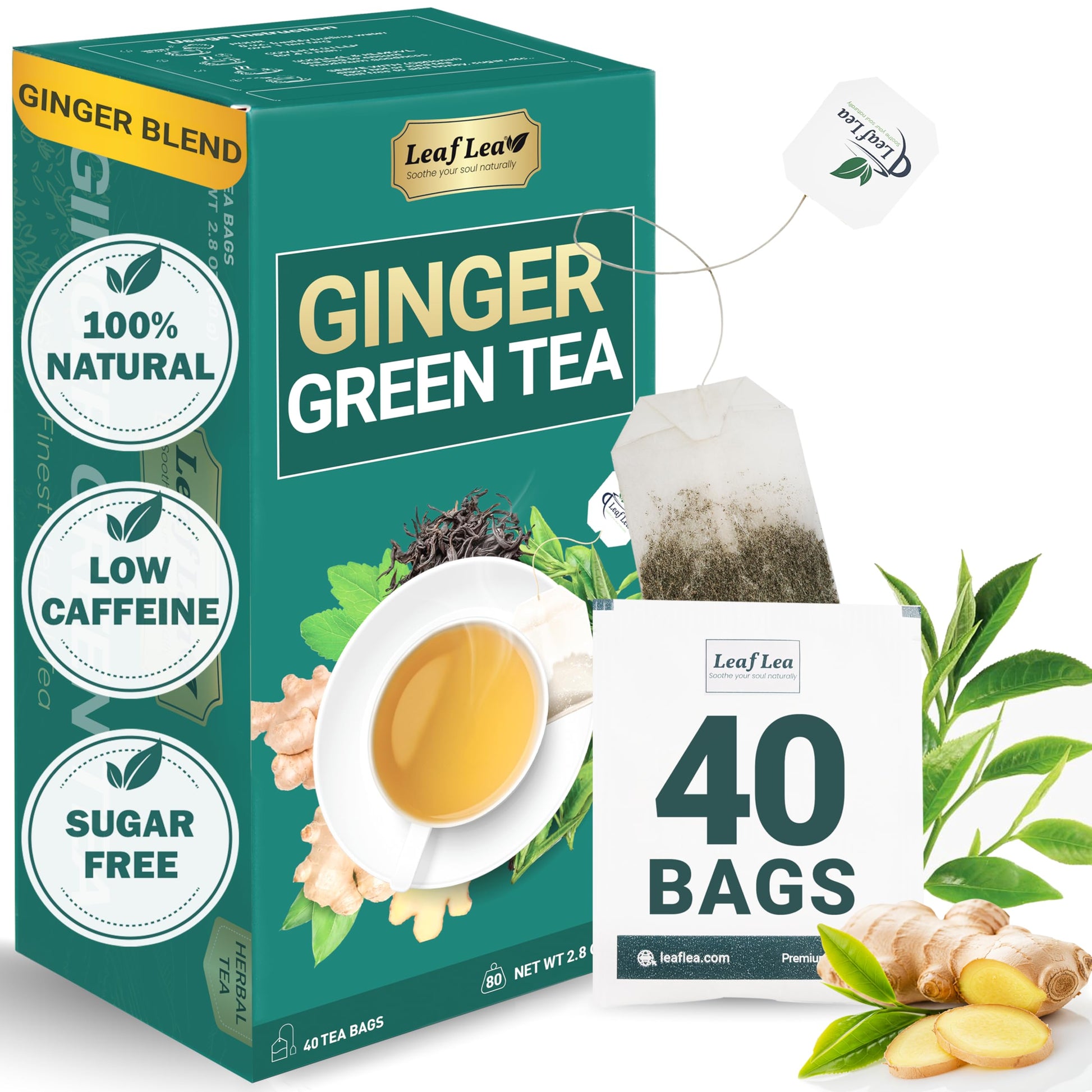 LeafLea Ginger Green Tea, 40 Individually Wrapped Bags, Soothing Green Tea Blend, Low Caffeine, Sugar-Free