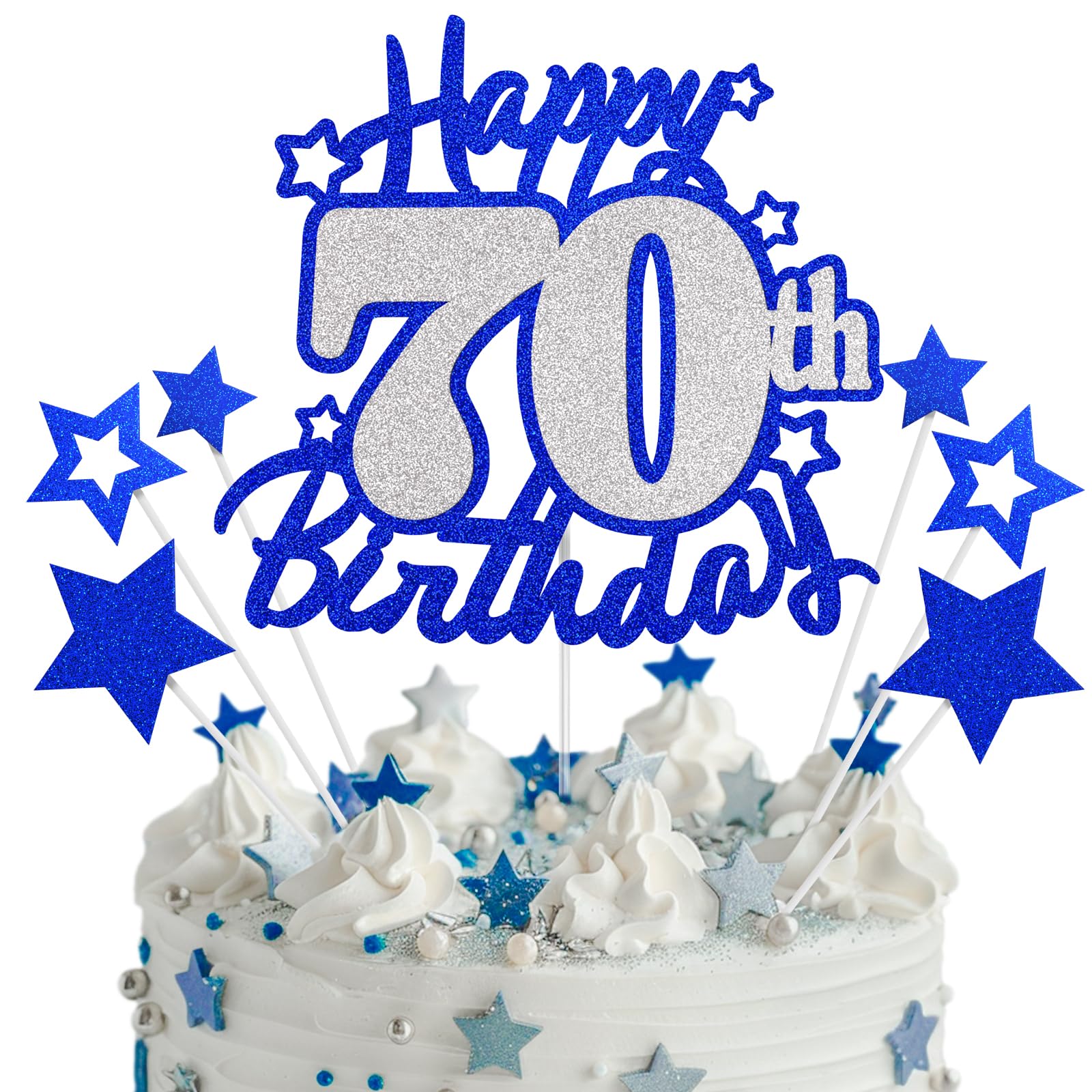 Happy 70th Birthday Cake Topper, Blue and Silver Glitter Cake Toppers, 70 Year Birthday Party Cake Decoration