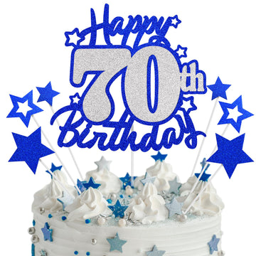 Happy 70th Birthday Cake Topper, Blue and Silver Glitter Cake Toppers, 70 Year Birthday Party Cake Decoration