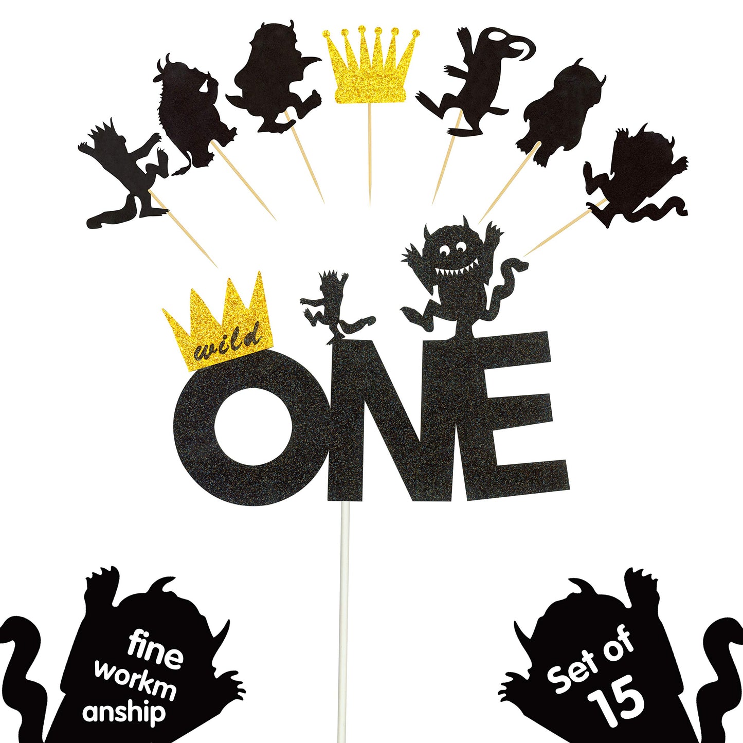 One Wild One Cake Topper And Wild Things Cupcake Topper Birthday Theme Party Decorations - 15Pcs (Gold Black)