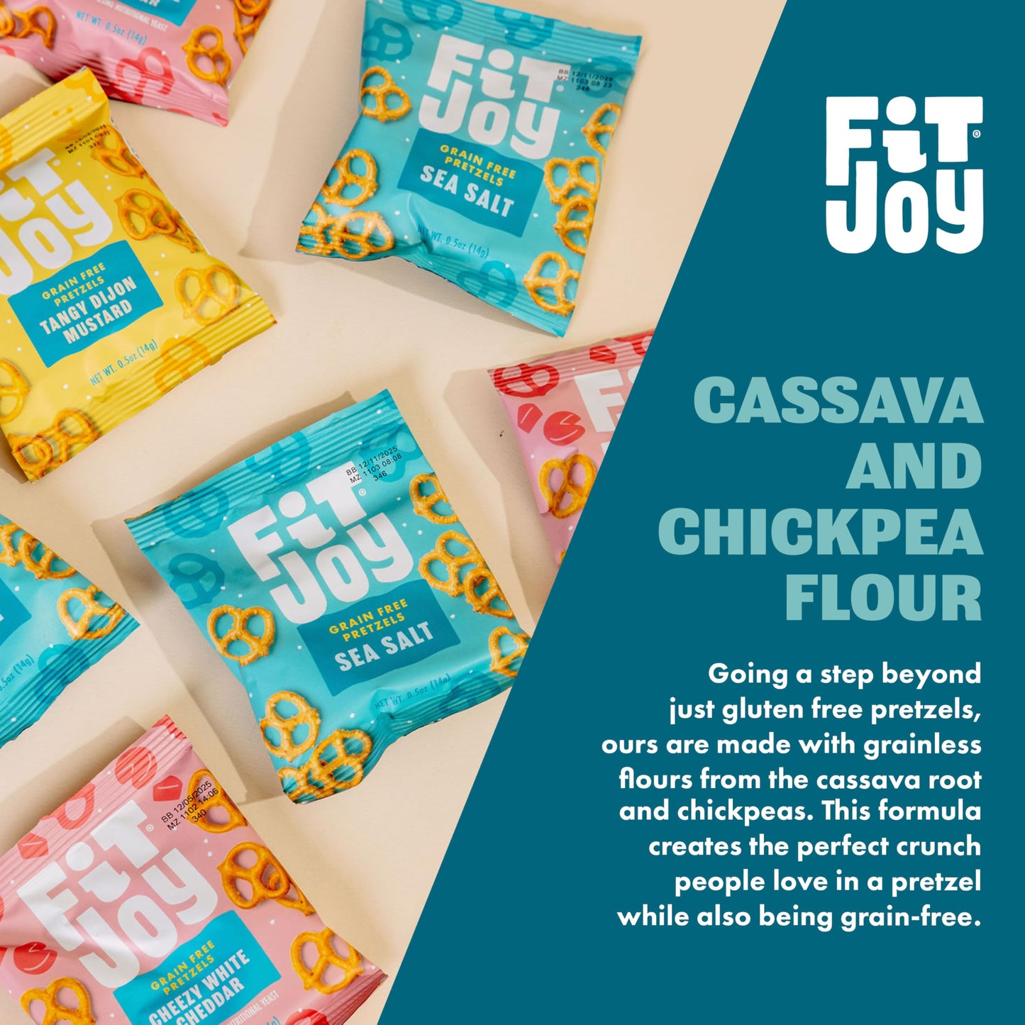 FitJoy Pretzel Variety Pack - 24 Count, 0.5 Oz Each - Tangy Dijon Mustard, Sea Salt, Cheezy White Cheddar - Gluten Free Snack