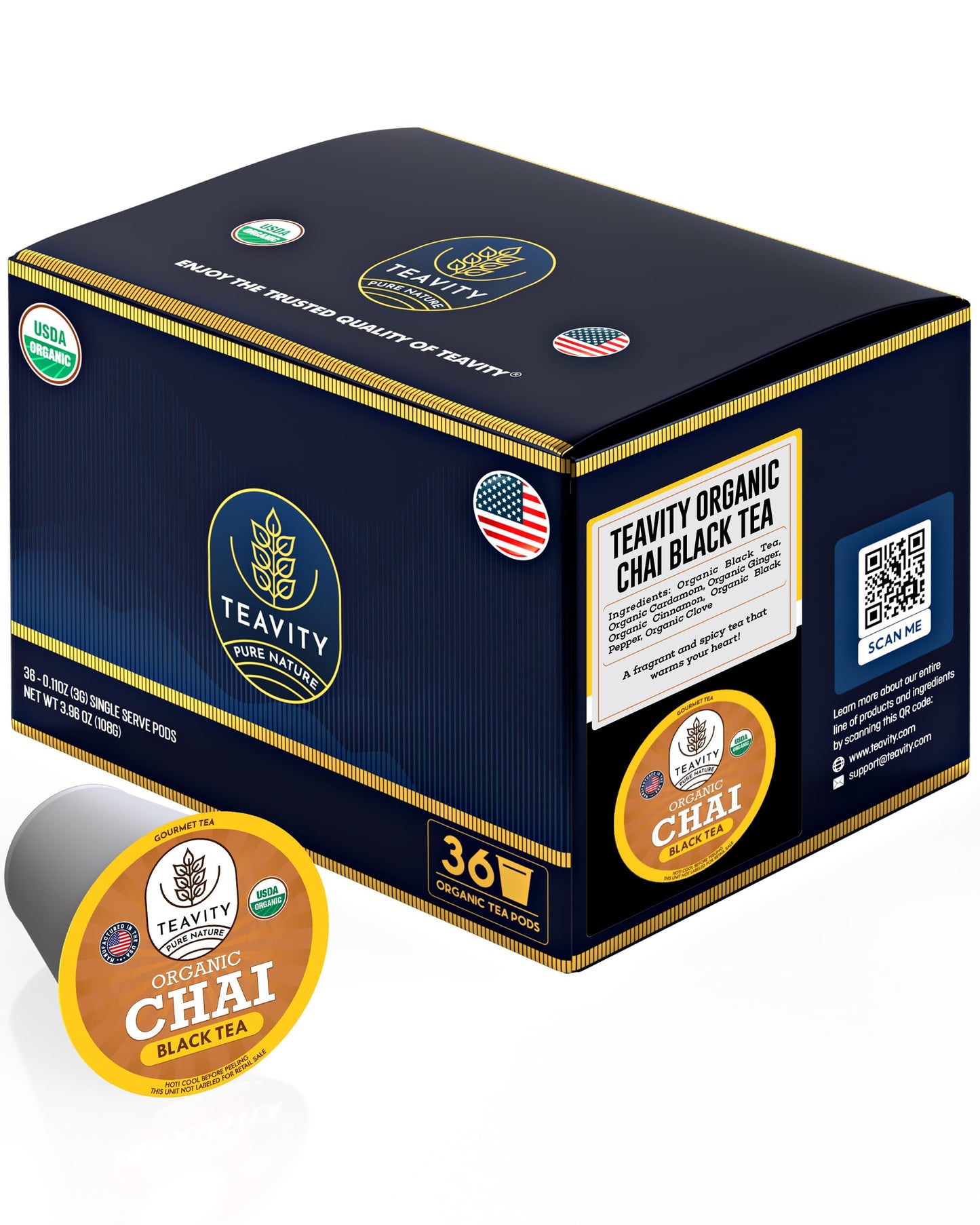 Teavity Organic Chai Black Tea Pods for Keurig, Naturally Caffeinated, 36 Count