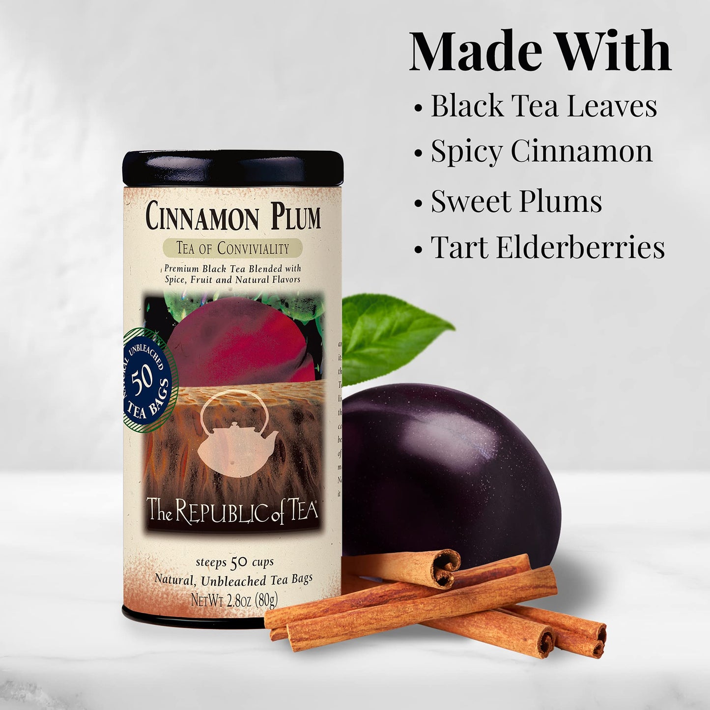 The Republic of Tea Cinnamon Plum Tea - Spiced Black Tea, 50 Tea Bags, 2.8 oz Tin, Caffeinated
