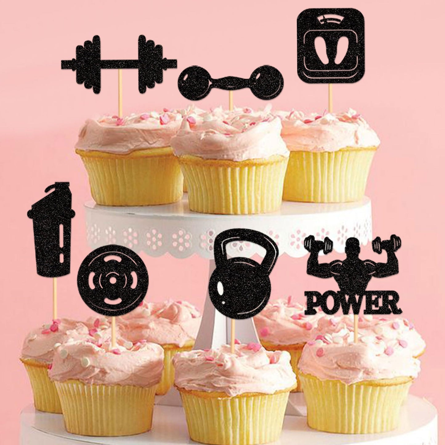 Ercadio 24 Pack Gym Workout Cupcake Toppers Glitter Biceps Dumbbells Kettlebells Abodominal Stay Strong Bodybuilding Cupcake Pic