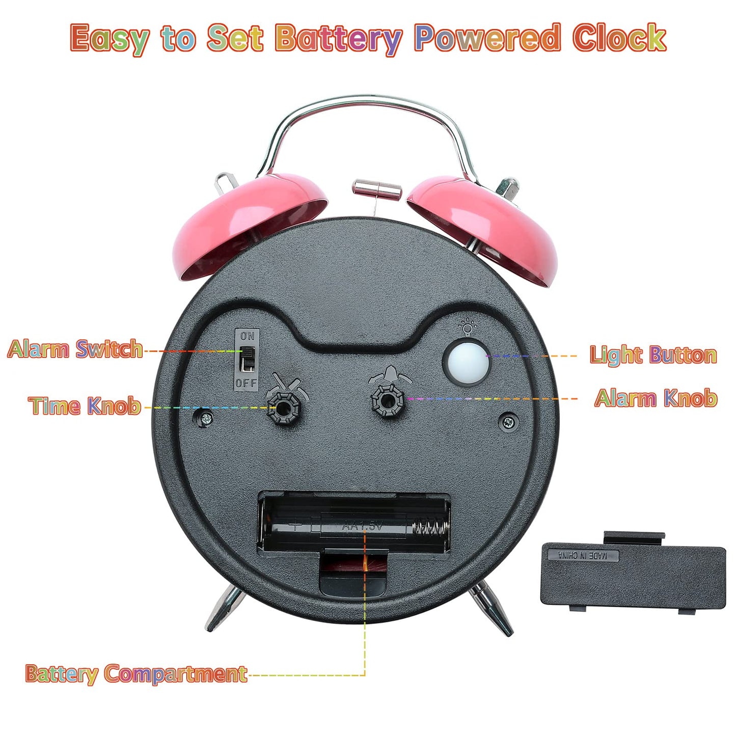 Peakeep Loud Alarm Clock For Kids Learning Telling Time Teaching Clock, 4 Inches Rainbow-Colored Twin Bell Analog Alarm Clock Ba