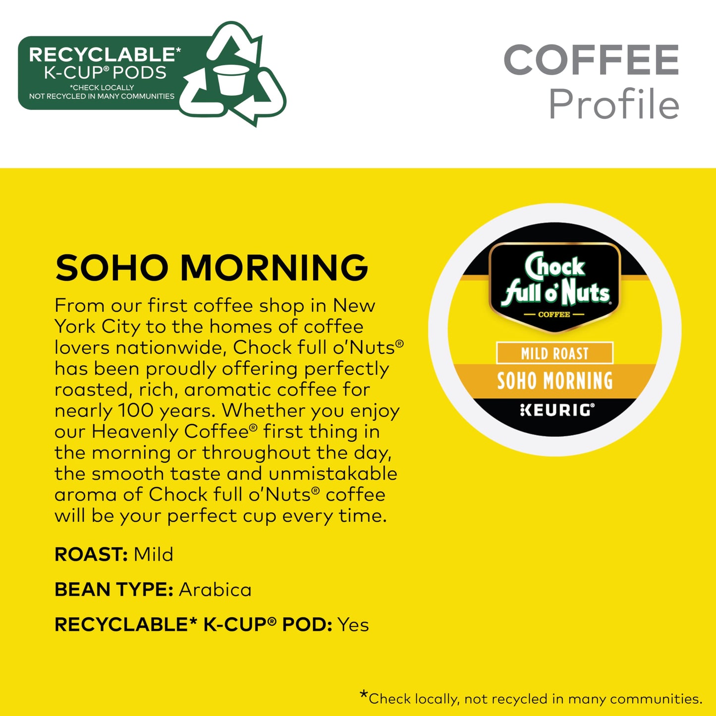 Chock Full o Nuts Soho Morning Coffee, Mild Roast, Compatible with K-Cup Pods, 12 Count (Pack of 6)