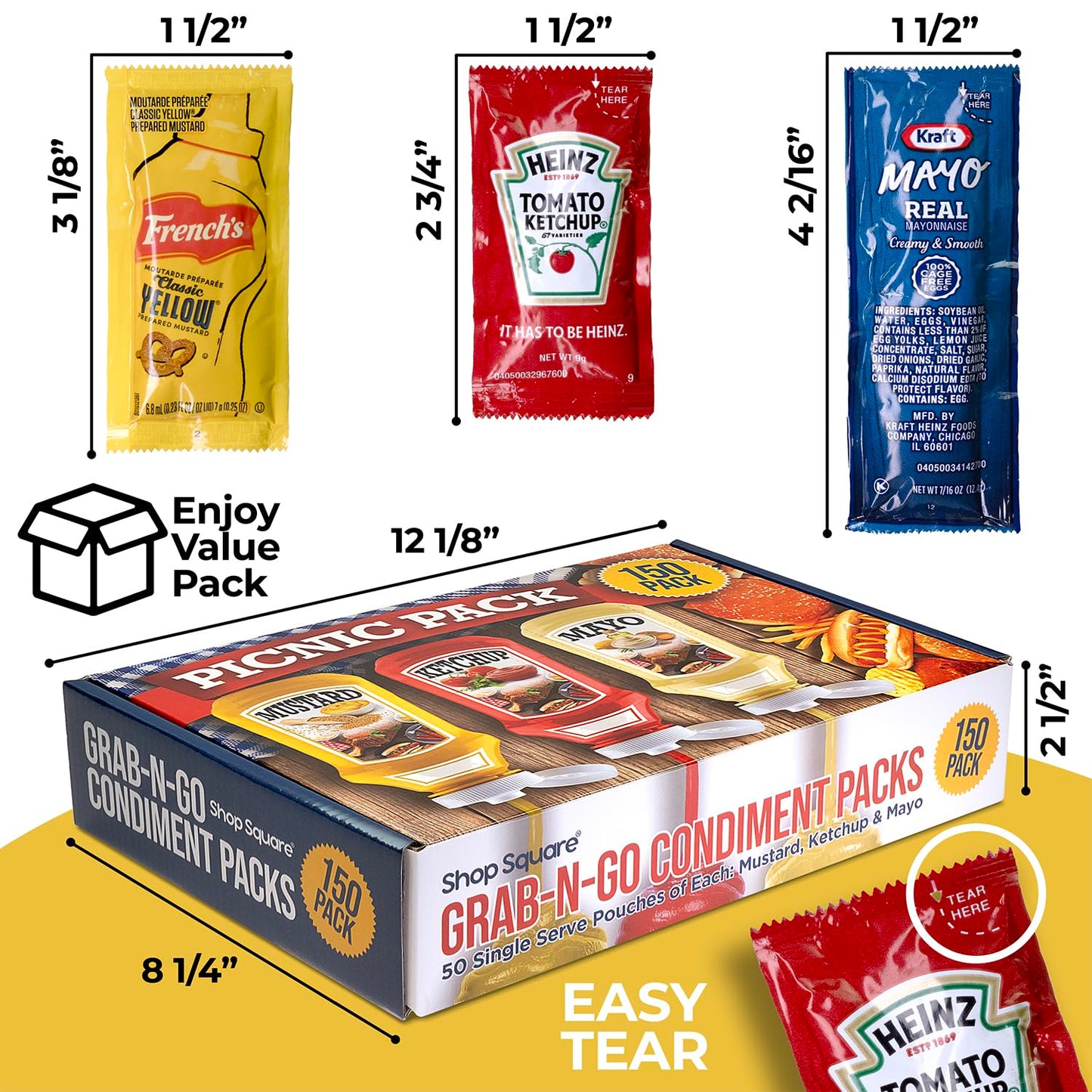 Shop Square Grab-n-Go Condiment Packs - Ketchup, Mustard, Mayo - 150 Count Dispenser Box for Picnics, BBQ, Travel, and Parties