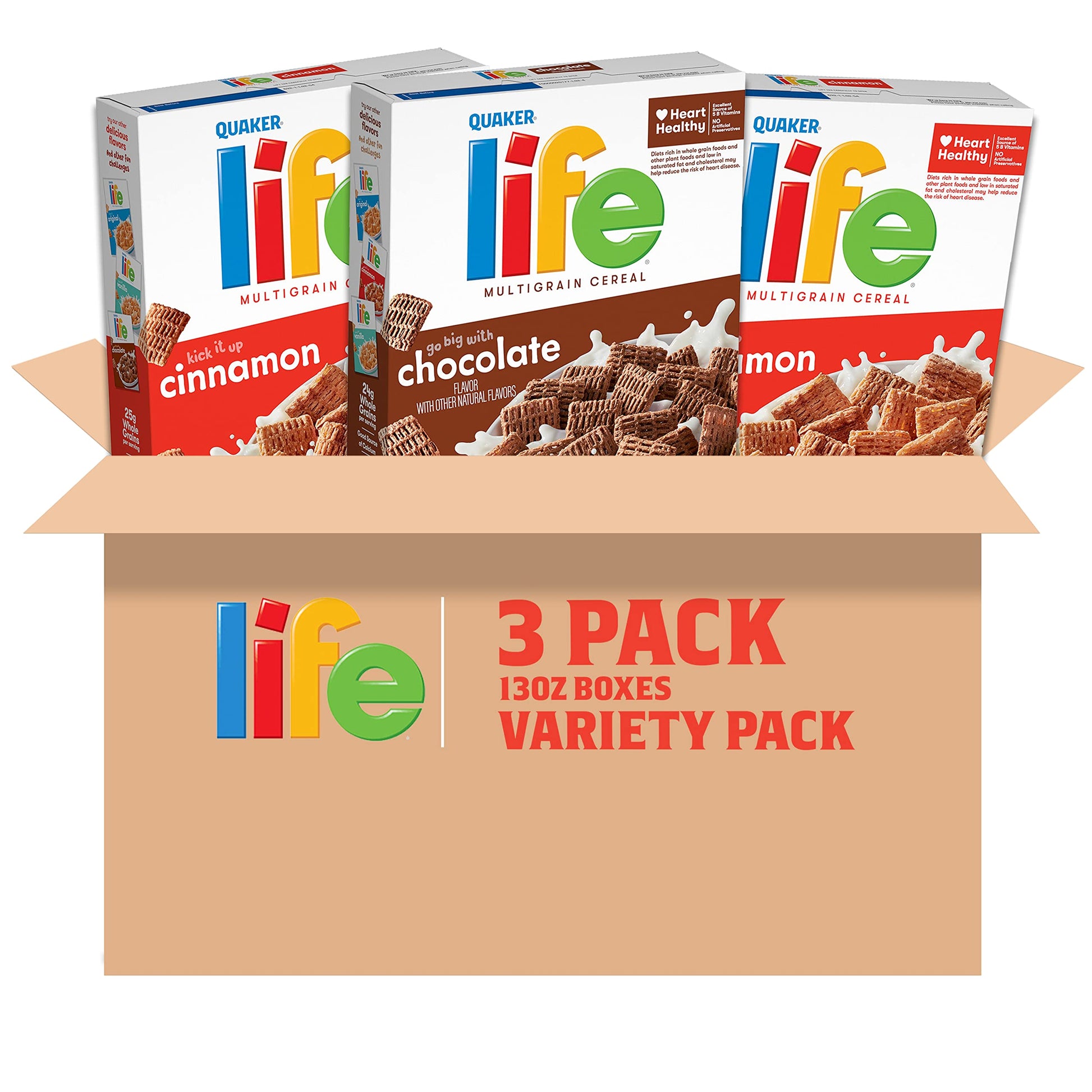 Quaker Life Breakfast Cereal, Chocolate Flavor And Cinnamon Variety Pack, 39.1 Oz Boxes (3 Pack) (Packaging Graphics May Vary)