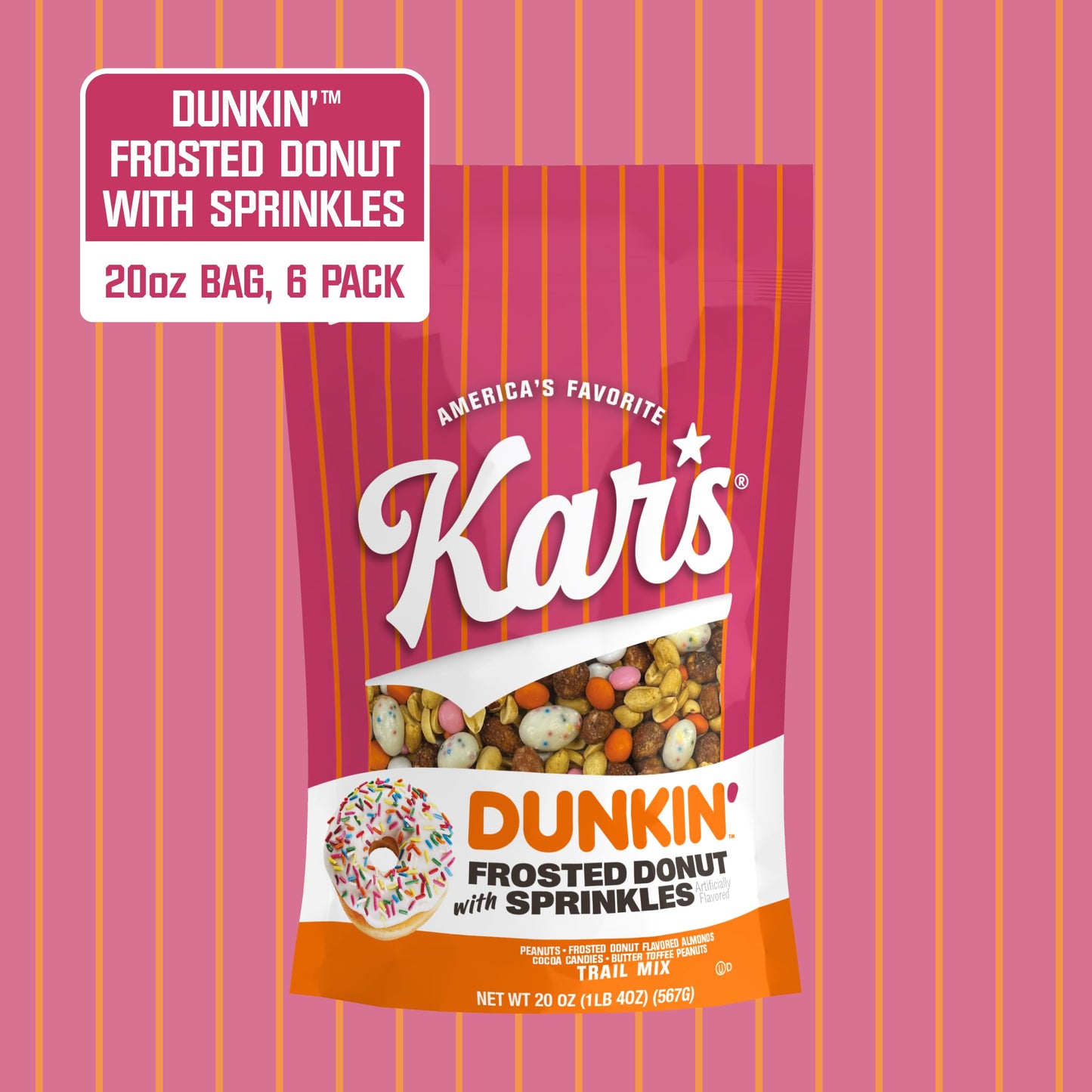 Kars Nuts Dunkin Frosted Donut with Sprinkles Mixed Nuts - Sweet Candy-Coated Nuts Mix, 20oz Resealable Pouch (Pack of 6) - Trai