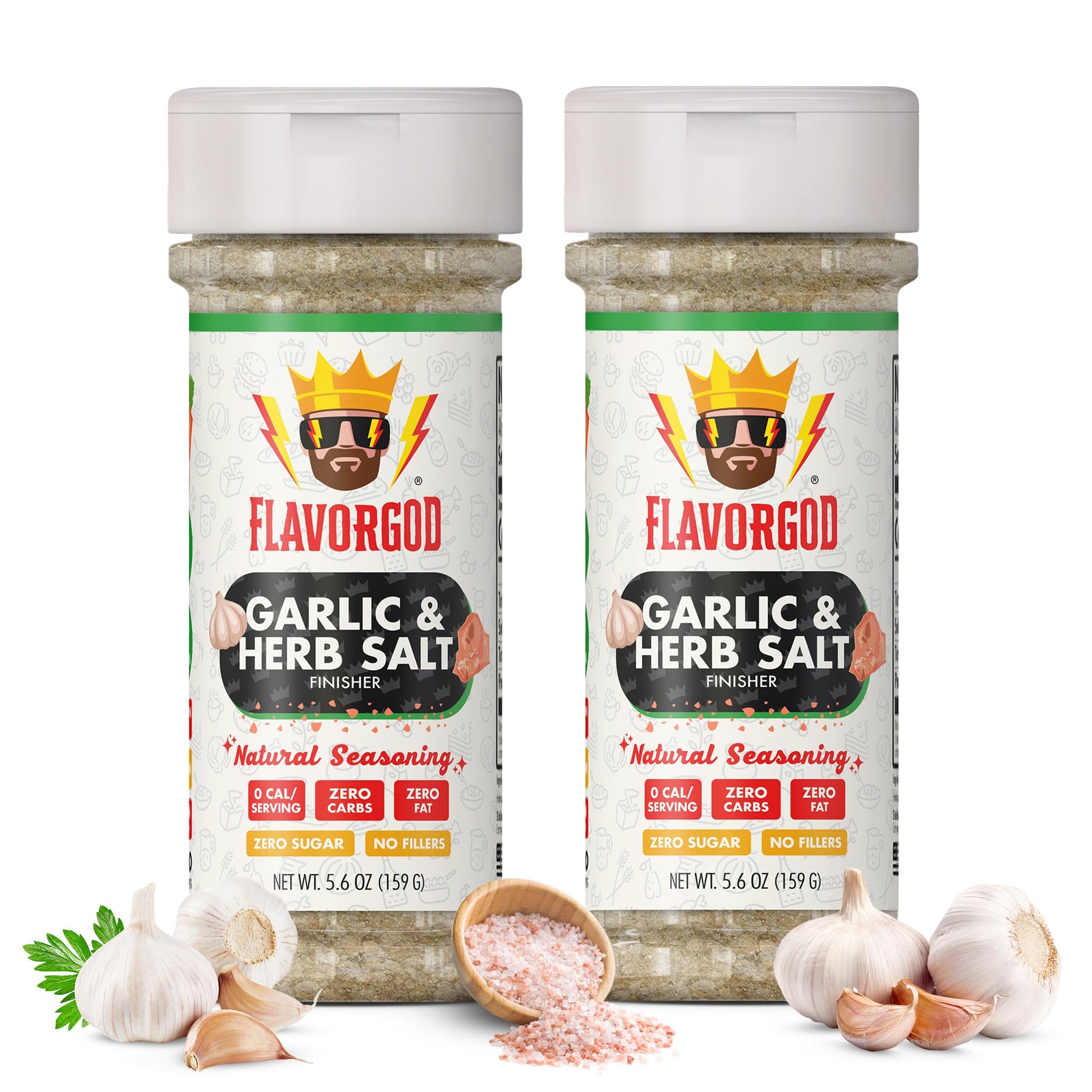 Garlic & Herb Salt Finisher, 2 Bottles By Flavor God - Enhanced All Natural & Healthy Spice & Seasoning Mix Blend For Chicken & Beef - Kosher & Low Sodium - Great Flavor Spices And Seasoning Gift