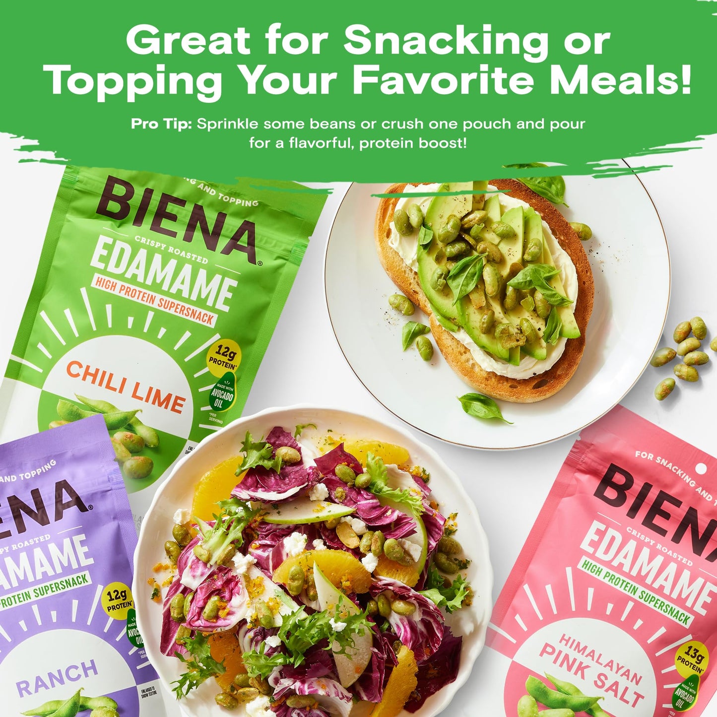 Biena Crispy Roasted Edamame Beans Snack - High Protein Snack for Adults & Kids, 12g-13g Protein per Serving - Made with Avocado