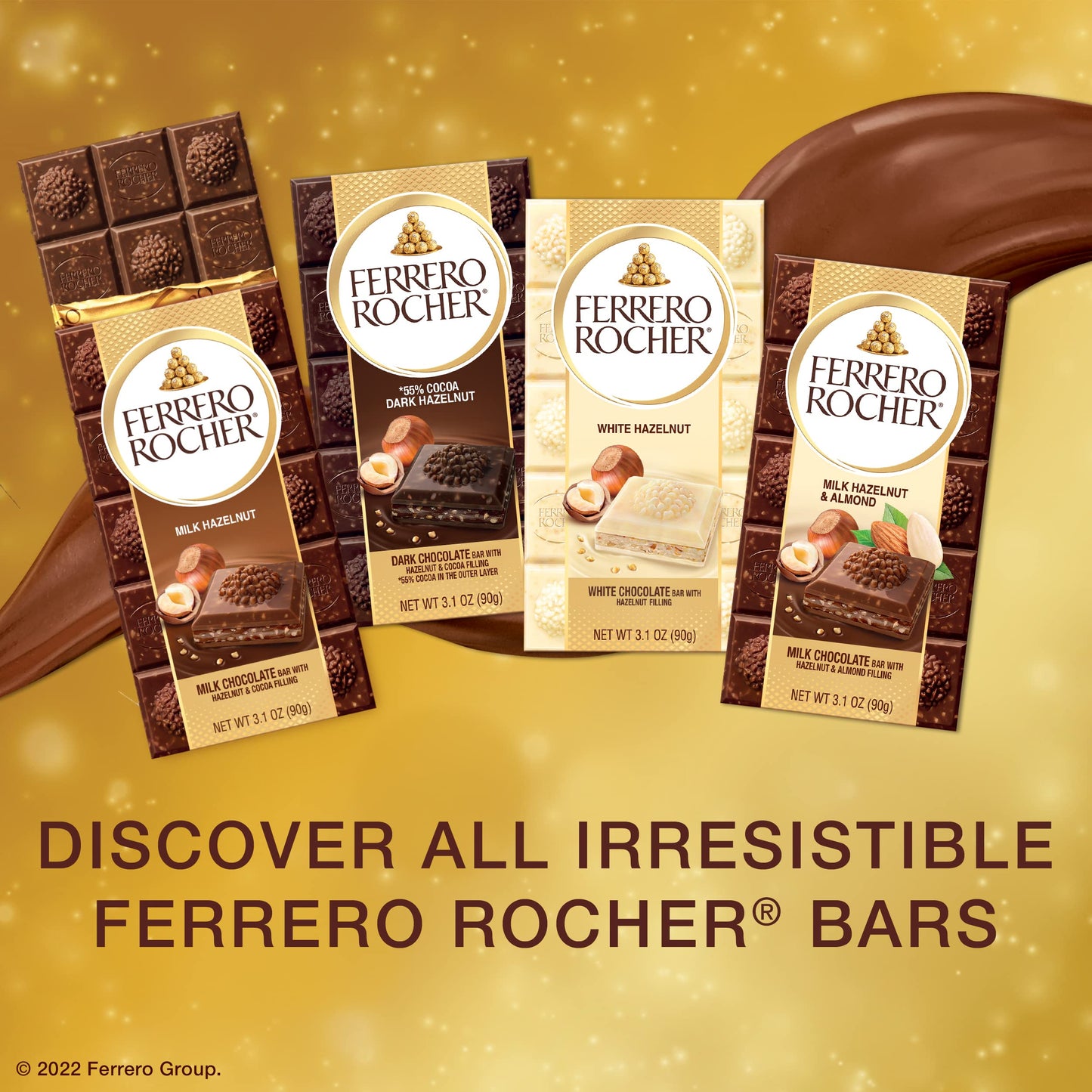 Ferrero Rocher Premium Chocolate Bars, 8 Pack, Milk Chocolate Hazelnut, Luxury Chocolate, Individually Wrapped, 3.1 Oz Each