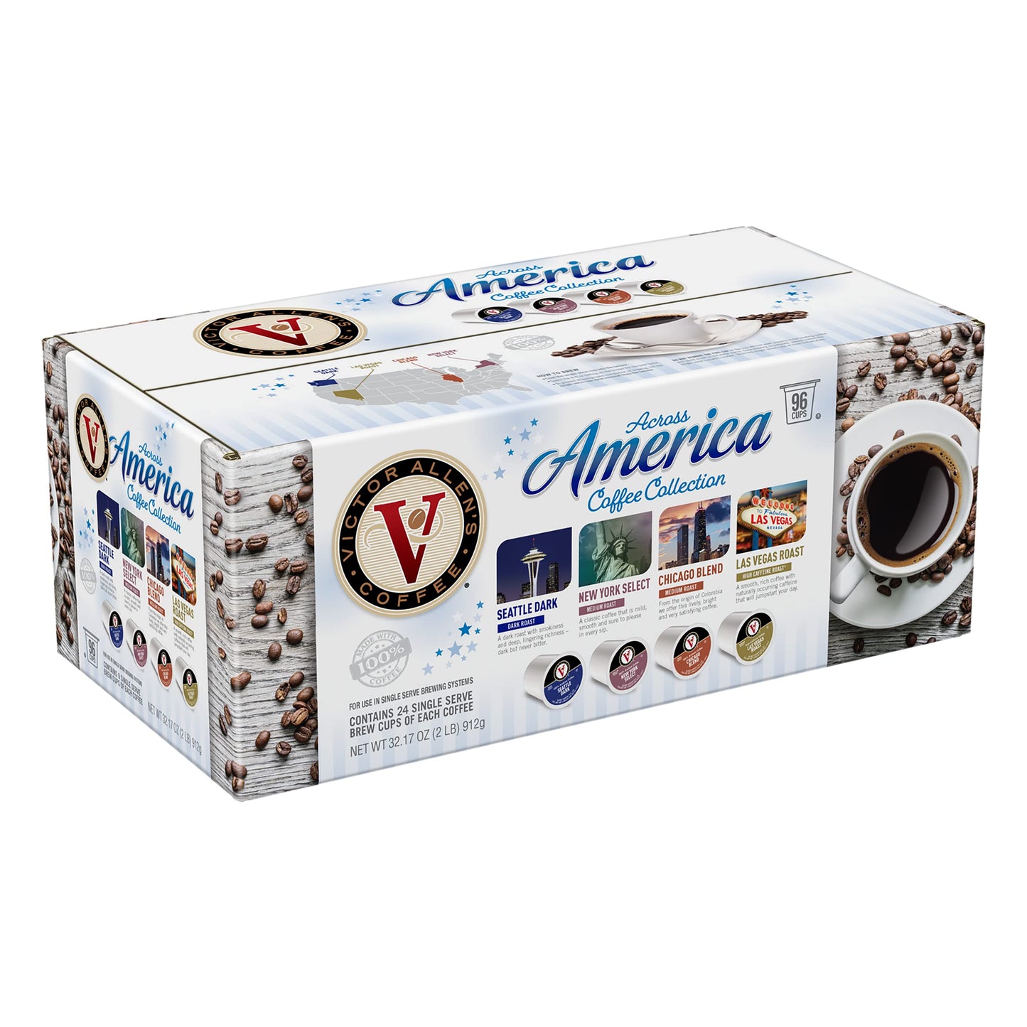 Victor Allens Coffee Variety Pack, 96 Count Single Serve Pods for Keurig, Includes Seattle Dark, New York Select, Chicago Blend, Brown