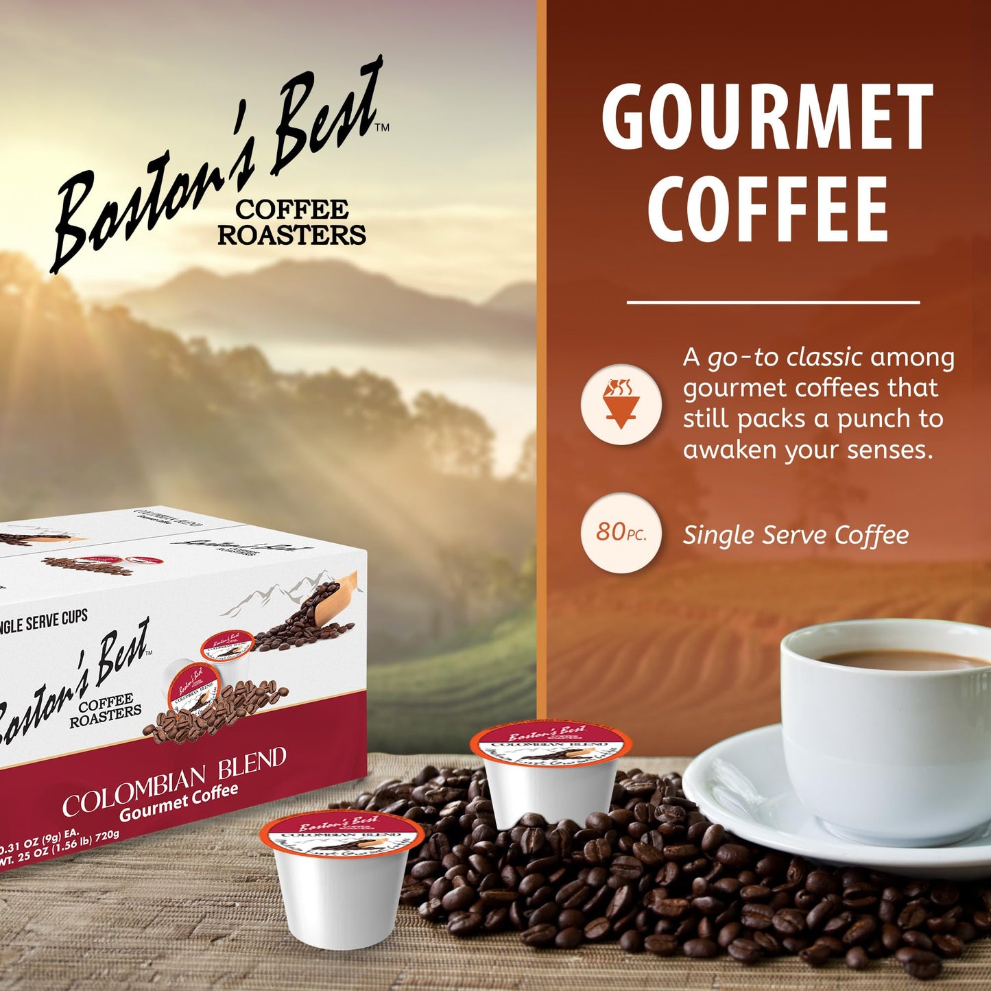 Bostons Best Colombian Blend Gourmet Coffee, Bold Medium Roast, 80 Single Serve Cups, Compatible with Keurig Coffee Maker, Black