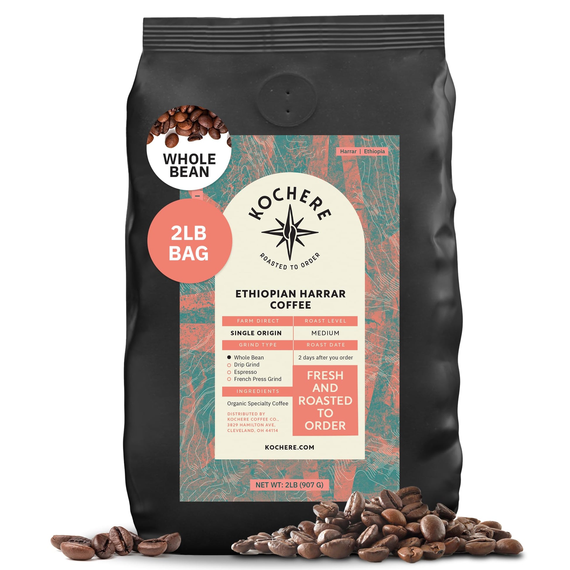 Kochere Ethiopian Harrar Whole Bean Coffee - 2LB Medium Roast - Fresh Roasted to Order - Single Origin, Farm Direct, Rich Flavor